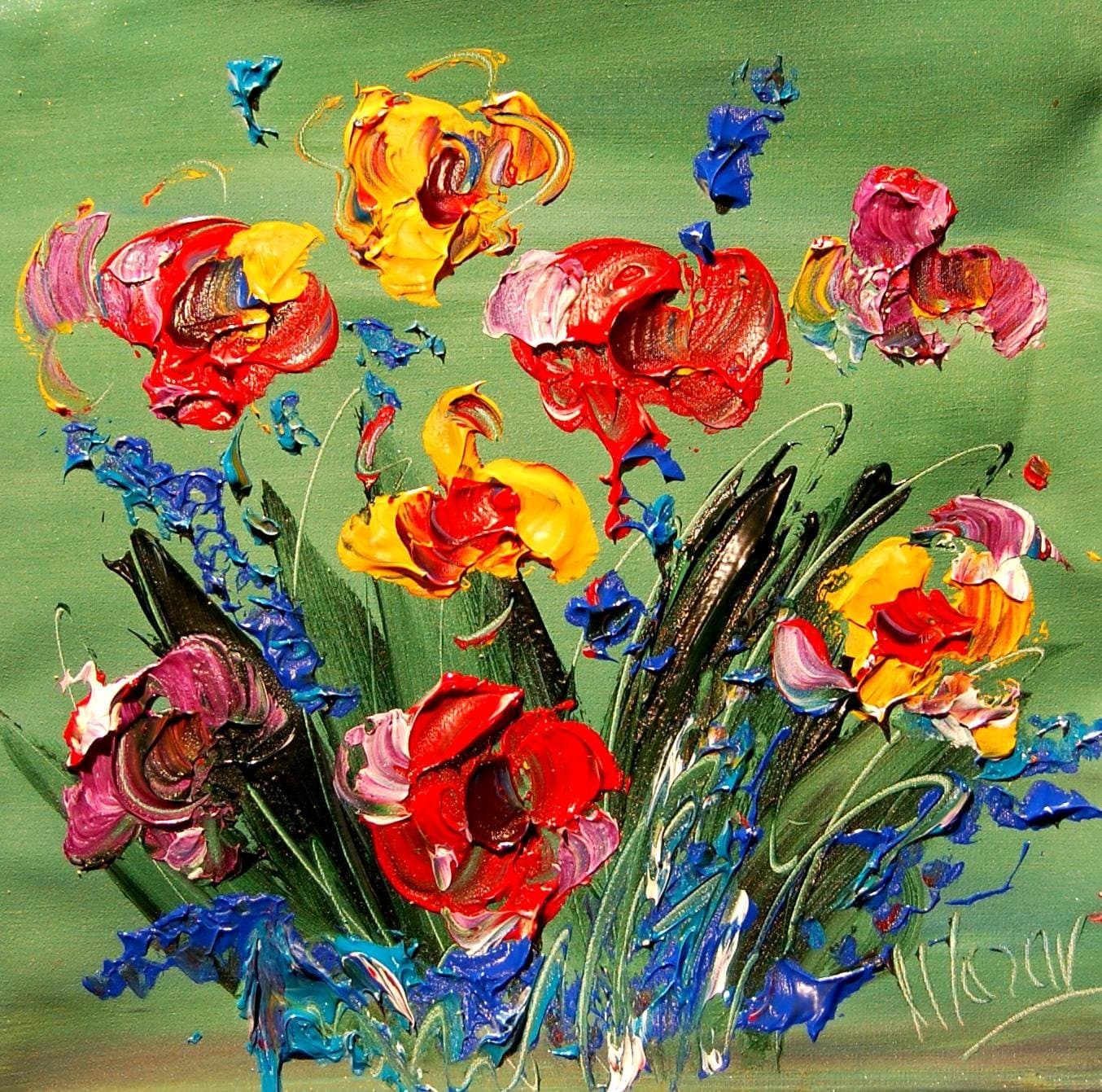 Artist Mark Kazav Ready to Display Palette Knife Texture Impressionist Fine Art Gallery Red Blue Black Green Earthy Wall Decor