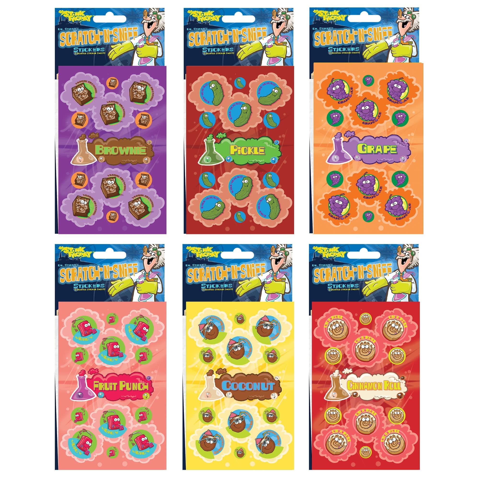 Just For Laughs Dr. Stinky's Scratch N Sniff Stickers 6-Pack, Fruit Punch, Brownie, Pickle, Grape, Cinnamon Roll, Coconut, 162 Total
