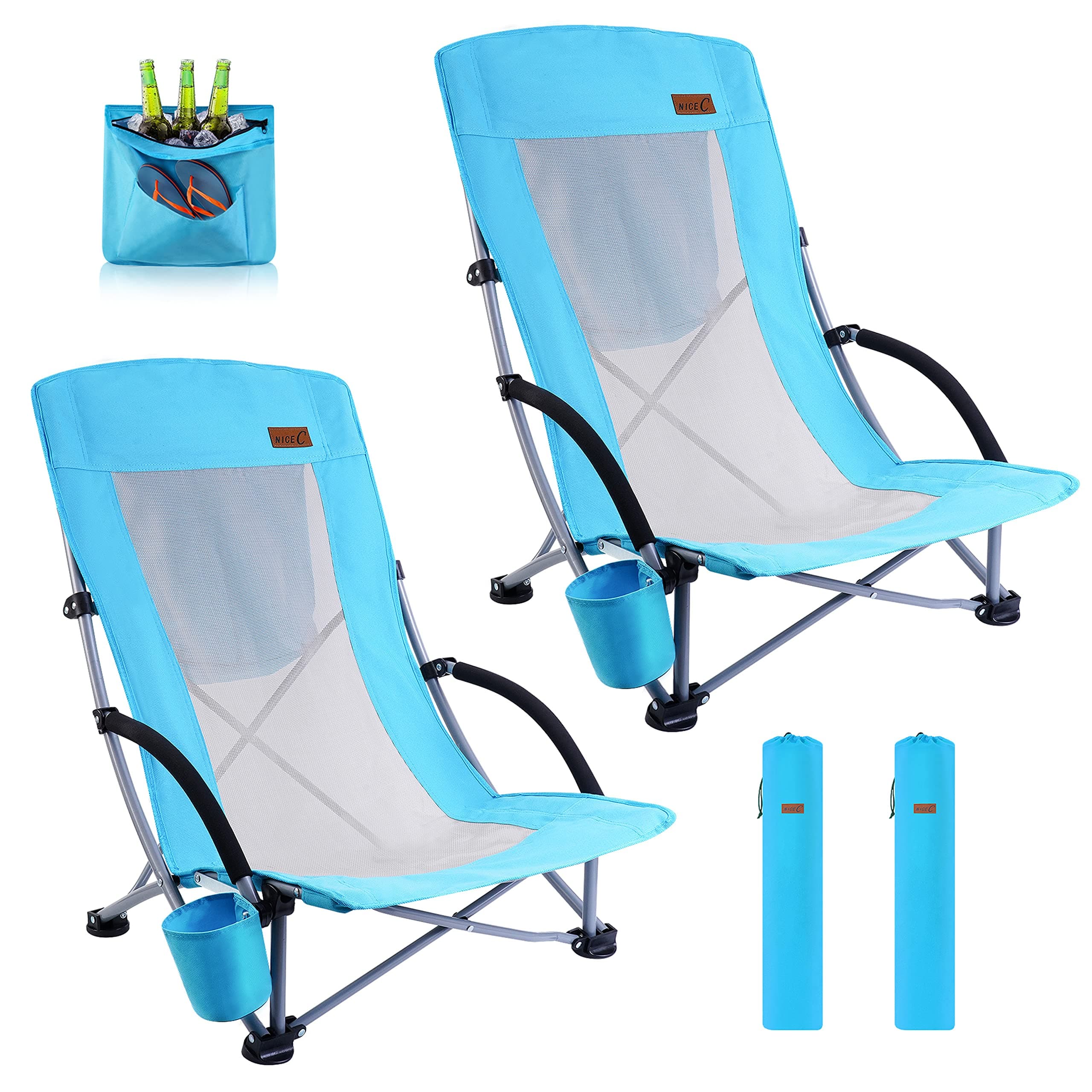 Beach Chair, Beach Chairs for Adults 2 Pack w/Cooler Compact High Back, Cup Holder & Carry Bag & Heavy Duty Outdoor, Camping, BBQ, Travel, Picnic, Festival (Set of 2 Blue)