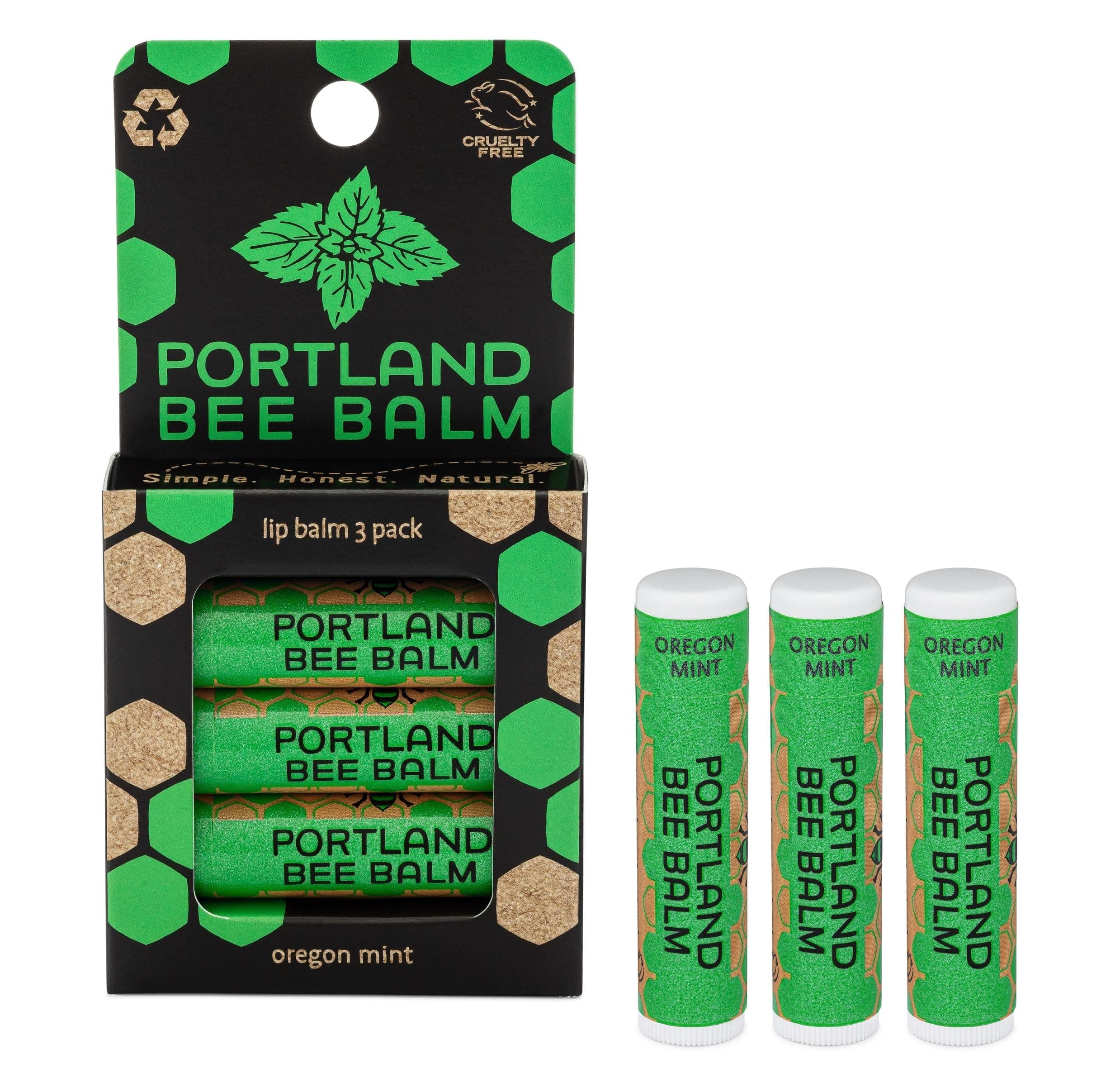 Portland Bee Balm, Beeswax Based Lip Balm - Oregon Mint, Pack of 3