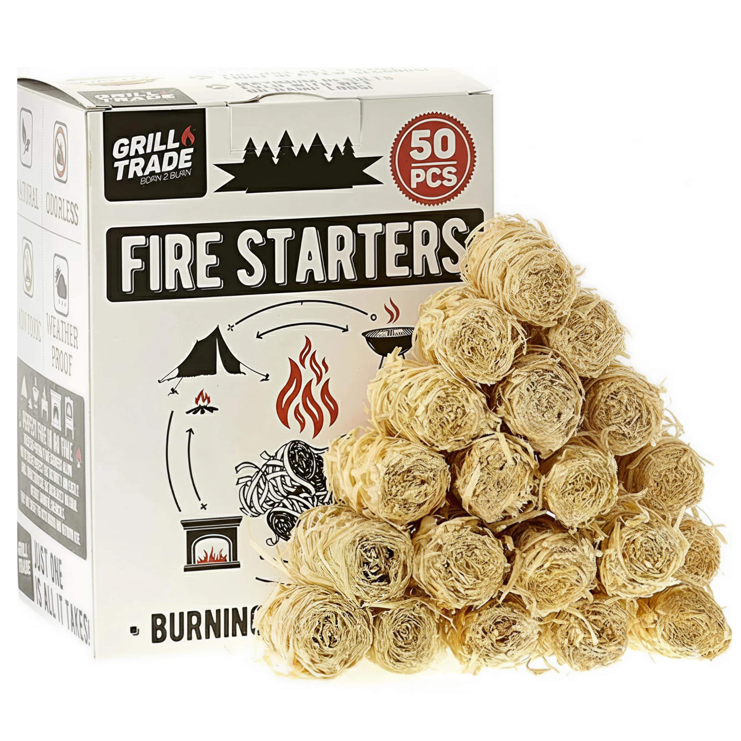 Grill Trade Fire starters 50 pcs | Natural Fire Starters for Fireplace, Wood Stove, Campfires, Fire Pit, BBQ, Chimney, Pizza Oven | All Weather Charcoal Starters for Indoor/Outdoor Use