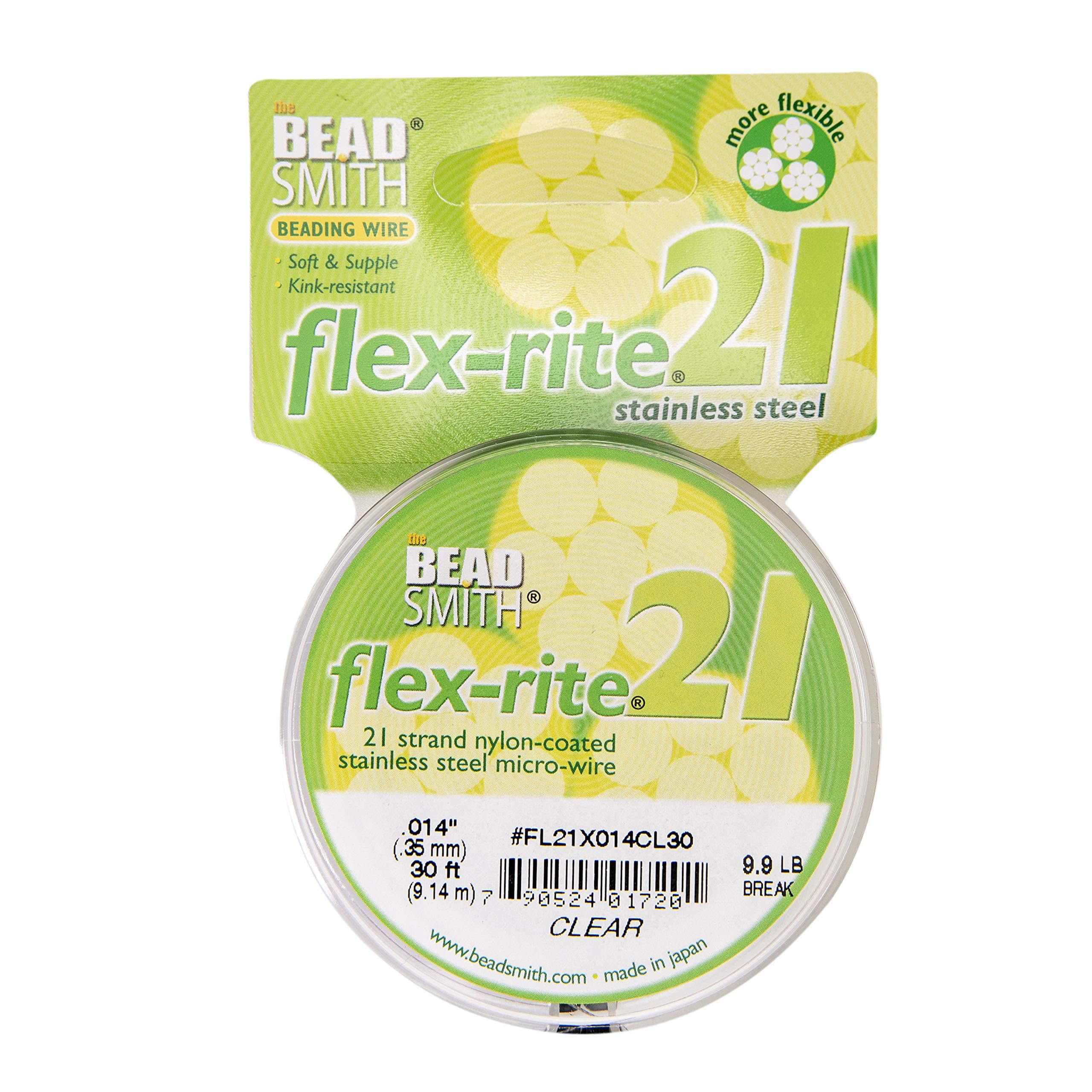 Flex-Rite 21 Strand Nylon Coated, Stainless-Steel Beading Wire, Jewelry Making Supply (.014 Dia, Clear - 30 Ft)