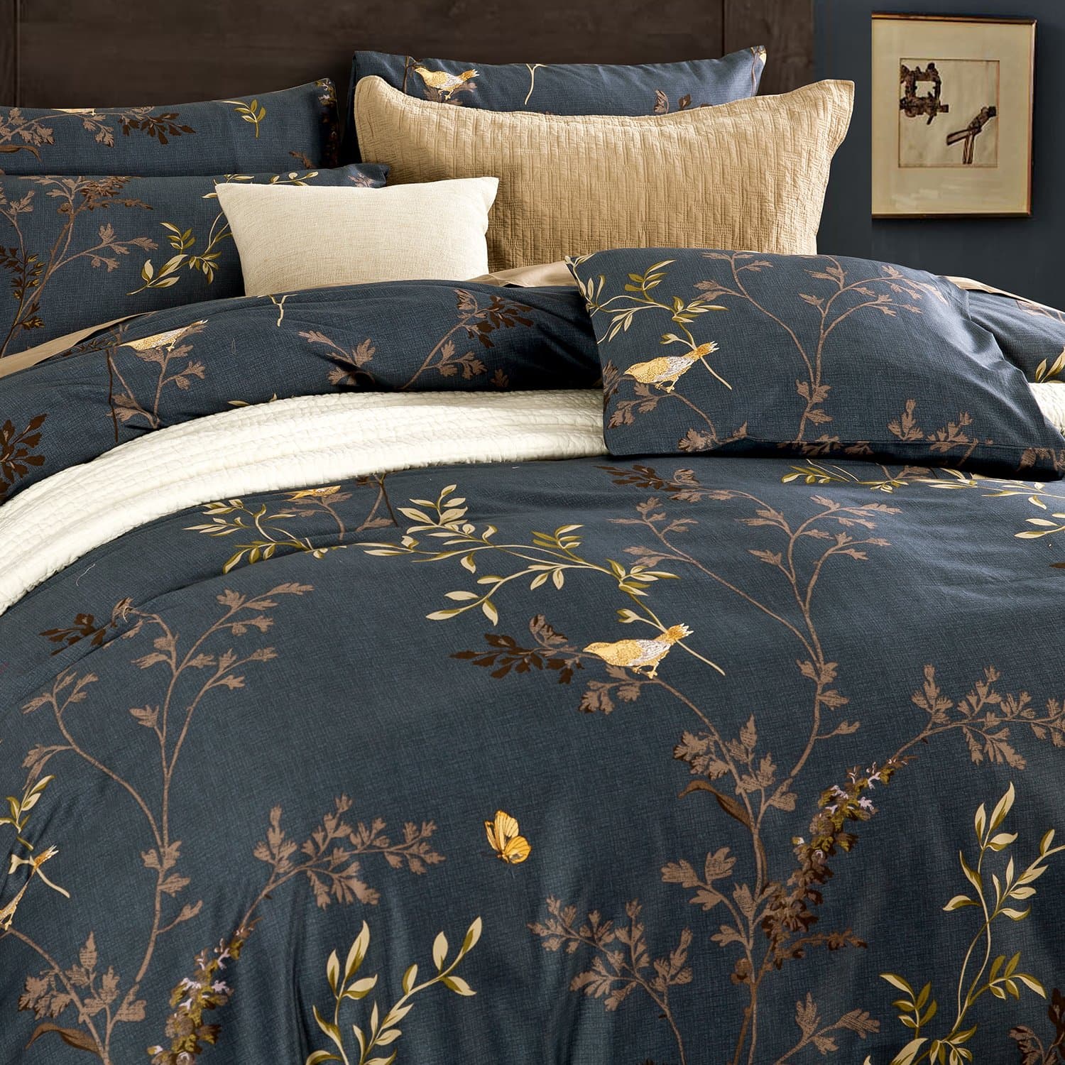 100% Staple Cotton Sateen 300 Thread Count Percale Delicate Yellow Bird Butterfly Leaves Printing Design Warm Feeling 3pc Duvet Cover Set Mild Ink Color Full/Queen Size(Full, Andy-ED)