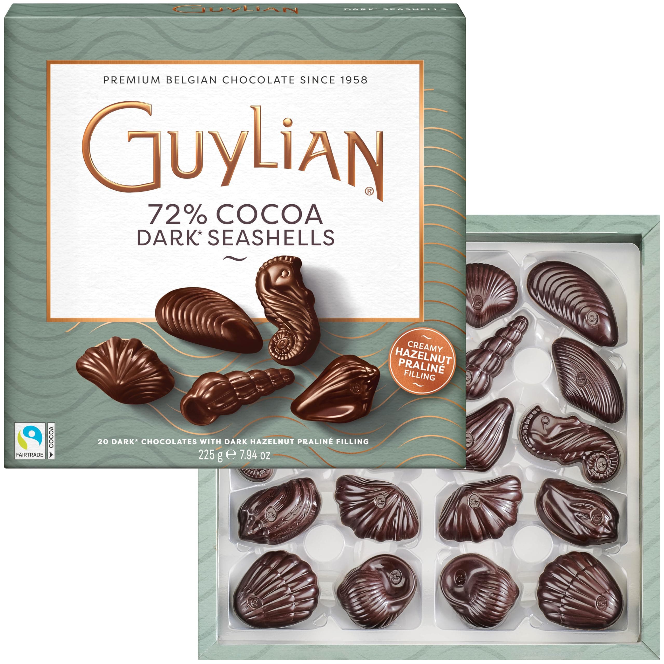 Belgian Dark Chocolate Gift Box, 20 Gourmet Hazelnut Praline Seashells by Guy...