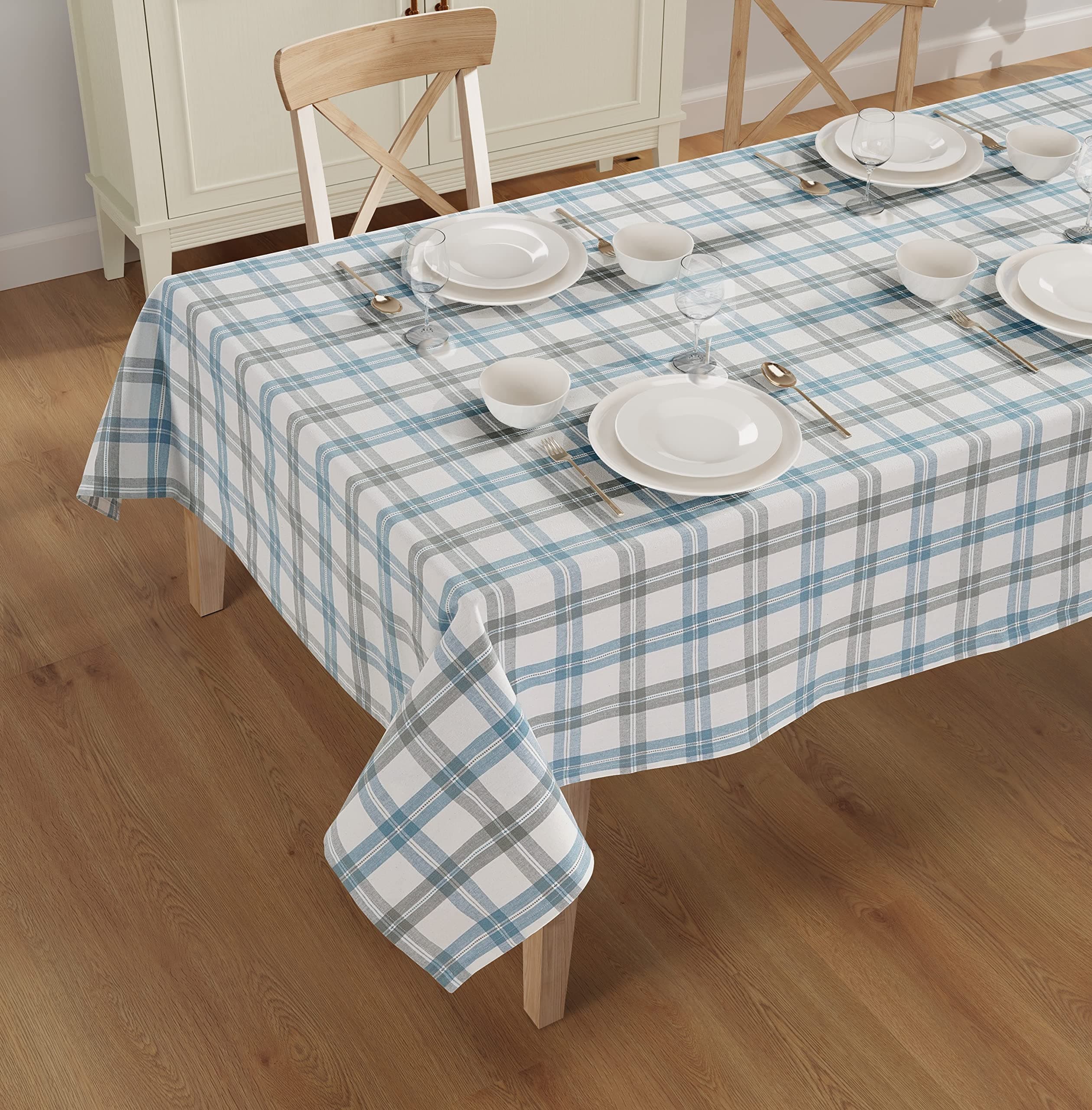 Rectangle Table Cloth - Table Cover - Cotton Mitered Stitched - Checks Table Covers for Kitchen Dining, Wedding, Decorations, & Parties - 60x84 in - Blue Window