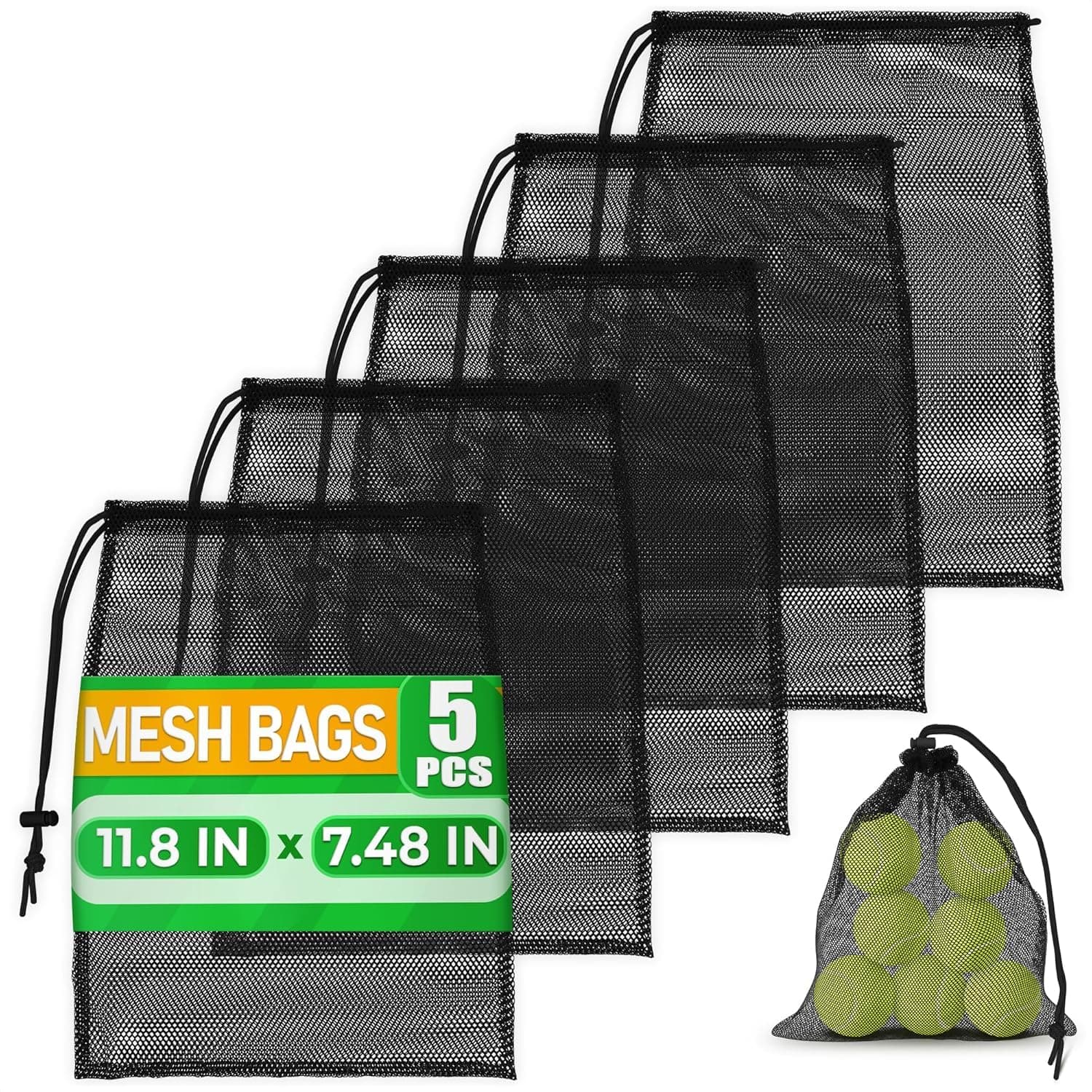 Small Mesh Bags Drawstring Black 5Pcs 11,8x7,48'' – Strong, Lightweight, Breathable Mesh Bag with Lock, Quick-Dry and Tear-Resistant – Easy to Tighten and Adjust for Travel, Swimming & Ball Storage