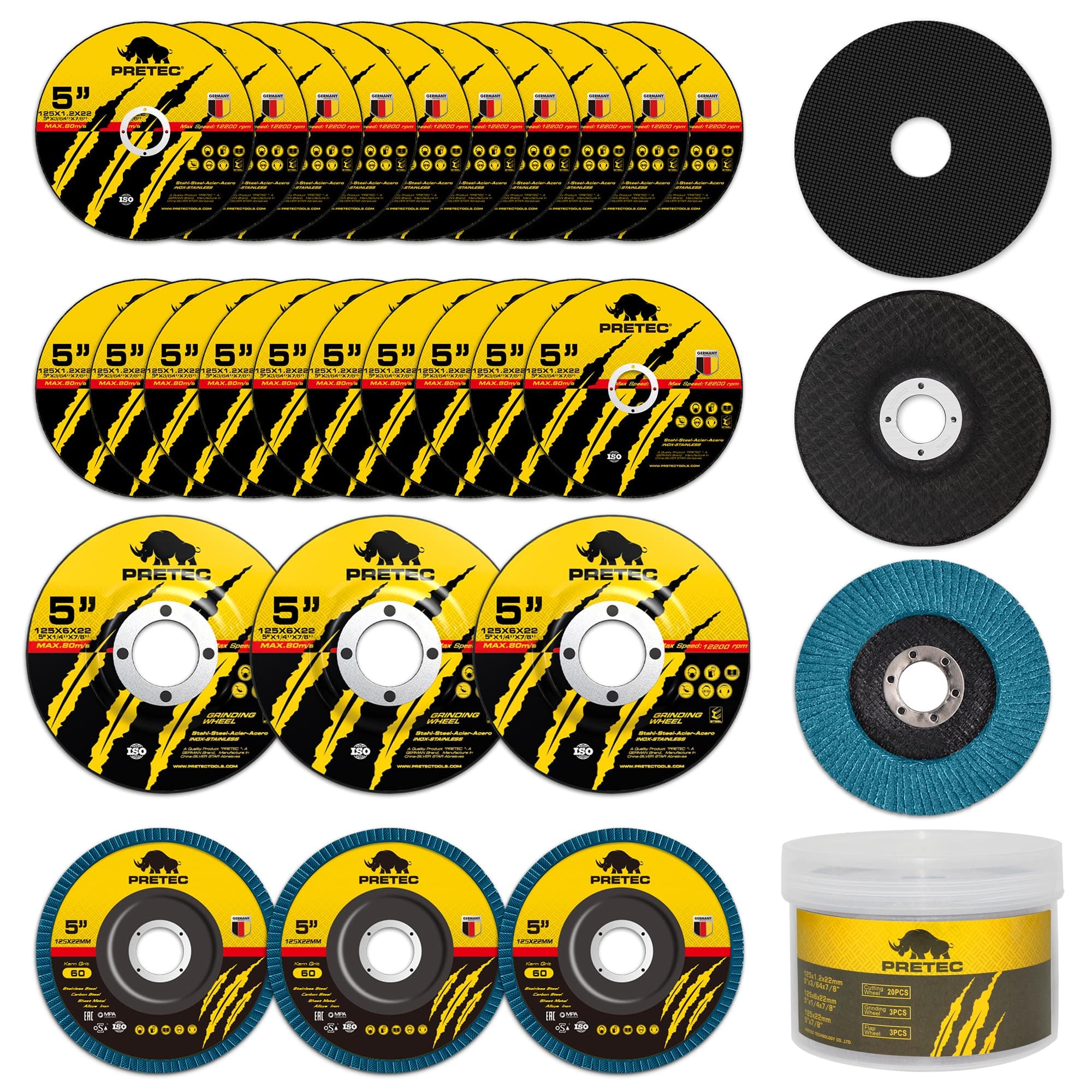 PRETECGrinding Cutting Wheels 5 inch Set - 5" 20 Cut Off Wheels, 3 Grinding Wheels, and 3 Flap Discs for Angle Grinder Cutting and Grinding 5"x 1/24" x 7/8", 20+3+3 PCS