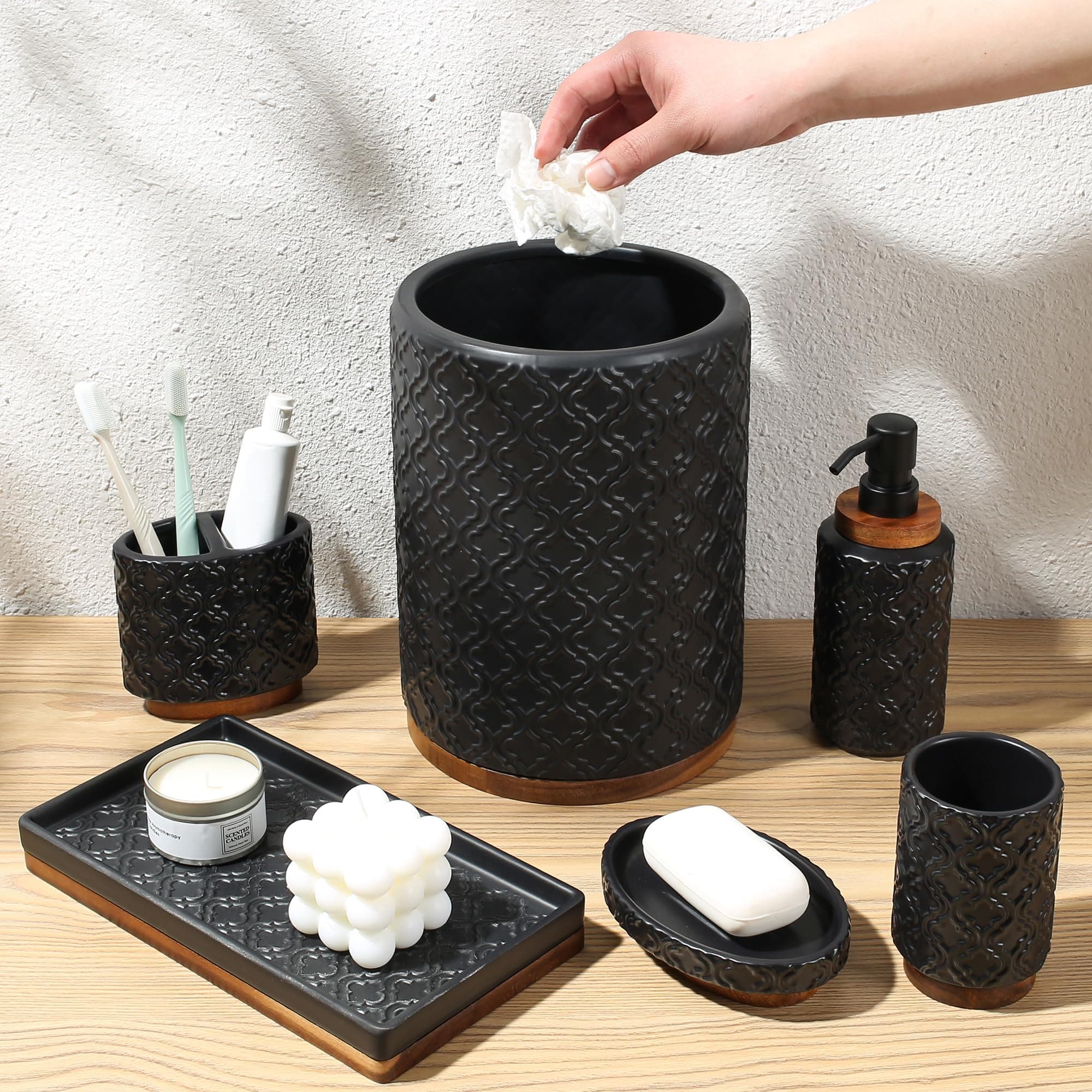 Elegant Bathroom Accessories Set 6 PCS Ceramic and Wood Bathroom Accessory Set Soap Dispenser Toothbrush Holder Tumbler Soap Dish Tray Trash Can Easy to Clean Quatrefoil Pattern Black