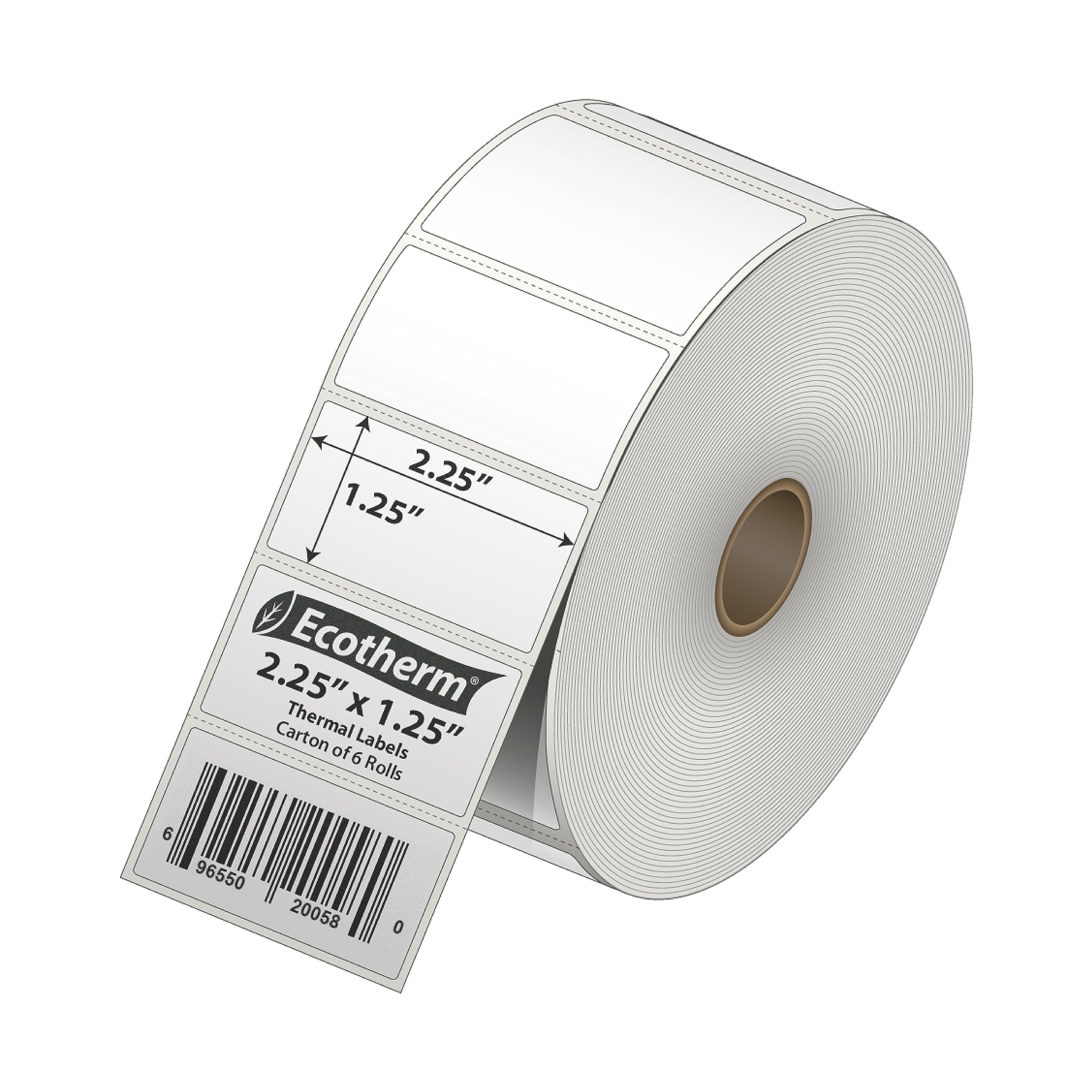 2.25" x 1.25" Thermal Labels | 6 Rolls | 12600 Labels | fits Zebra, Munbyn, Rollo, Godex, Arkscan, iDPRT, Offnova Thermal Label Printers and More | Blank White Adhesive Stickers by Ecotherm