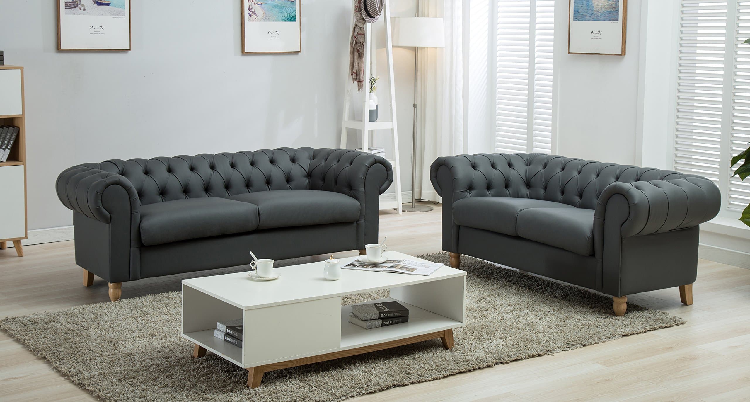 Canterbury Chesterfield Sofa 2 3 Seater Suite in Silver Grey Crushed Velvet or Grey Linen Fabric With Real Wood Queen Anne Style Legs Feet (Grey PU, 2 + 3 Seater Set)