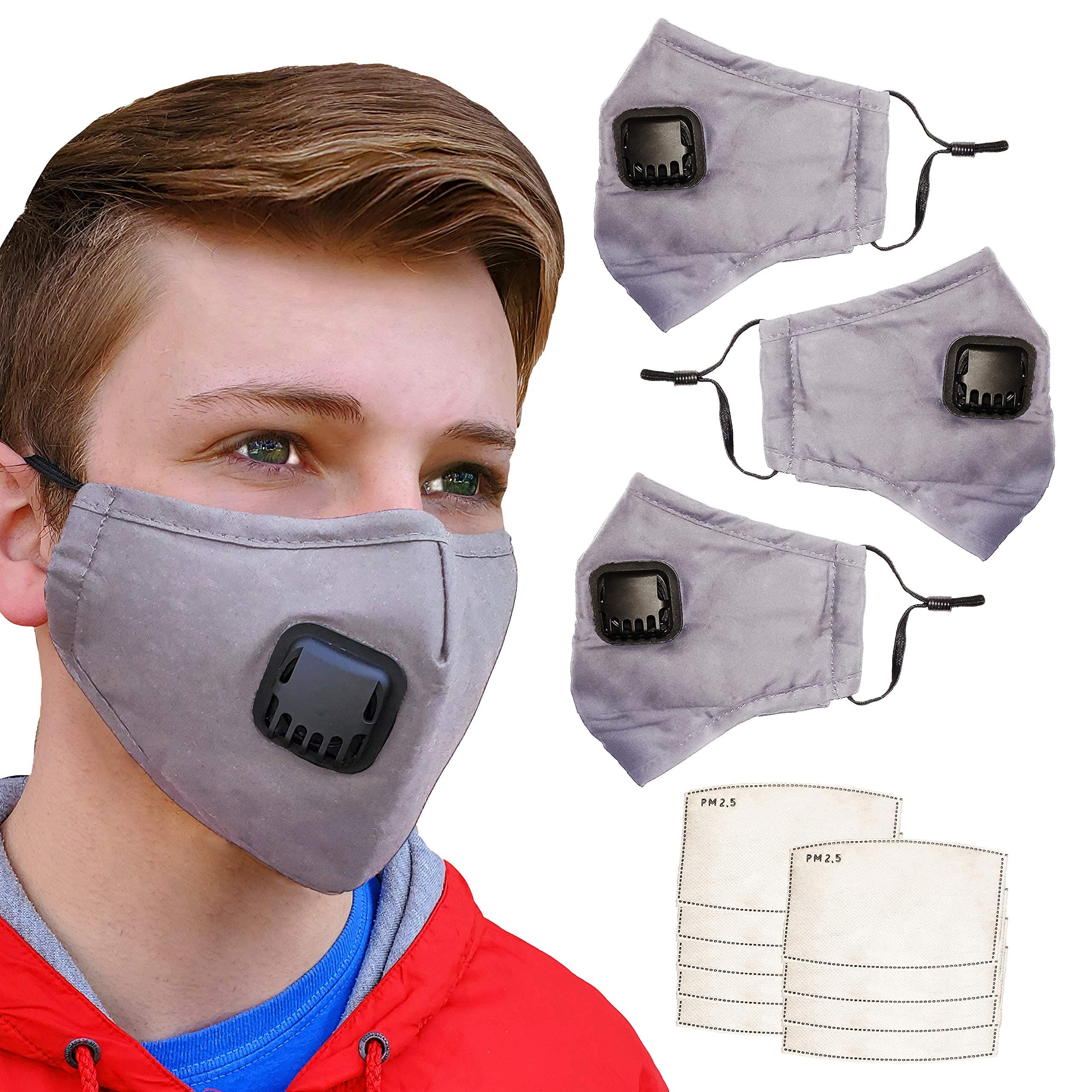 Lucid Eye Studios 3-Pack Cloth Face Mask with Valve, Adjustable Ear Loops, Comfortable Nose Wire and (9) PM 2.5 Filters (Grey)