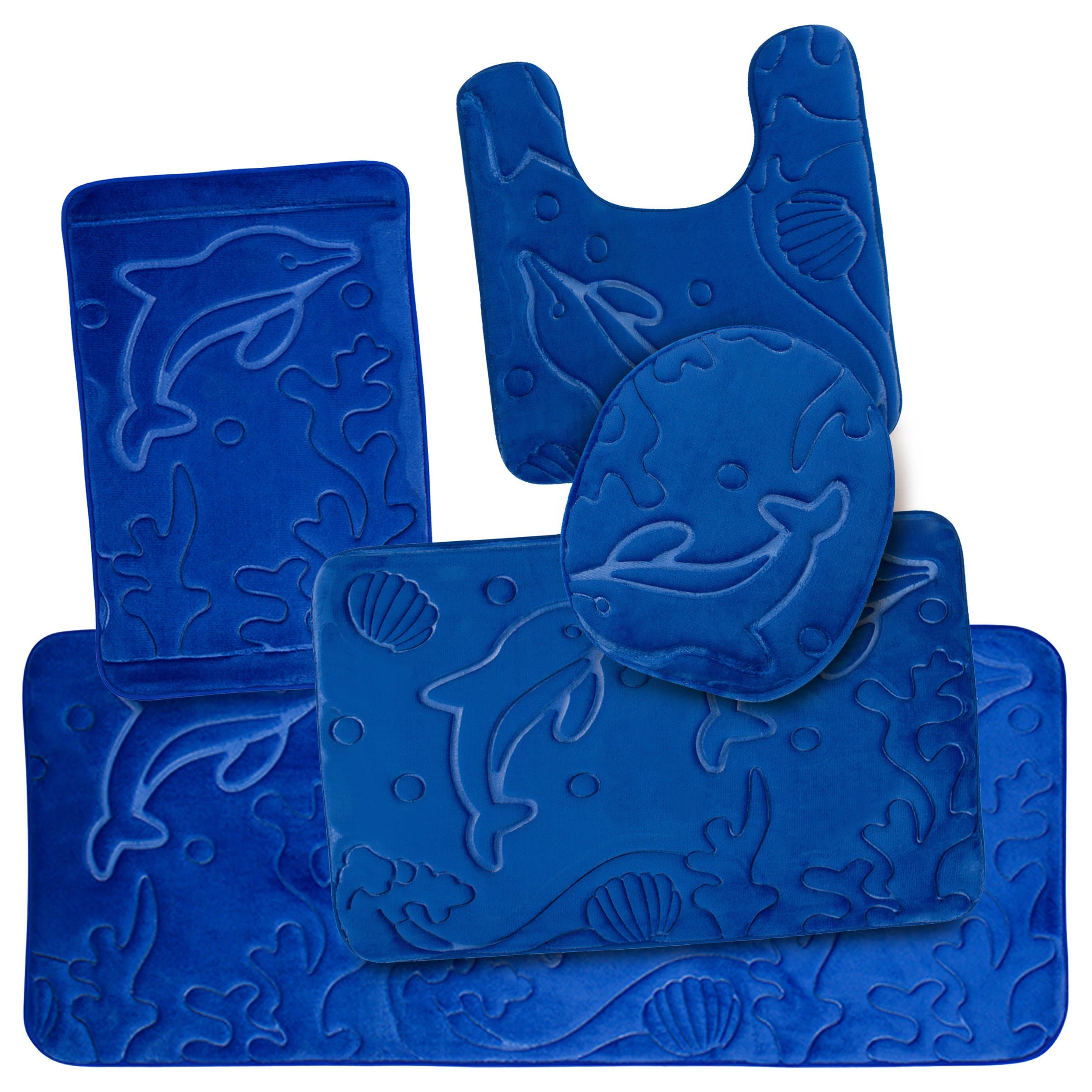 5 Piece Bathroom Rugs Set - Soft Non Slip Memory Foam Large Bathroom Mats - Perfect Combination of Luxury and Comfort - Blue Dolphins