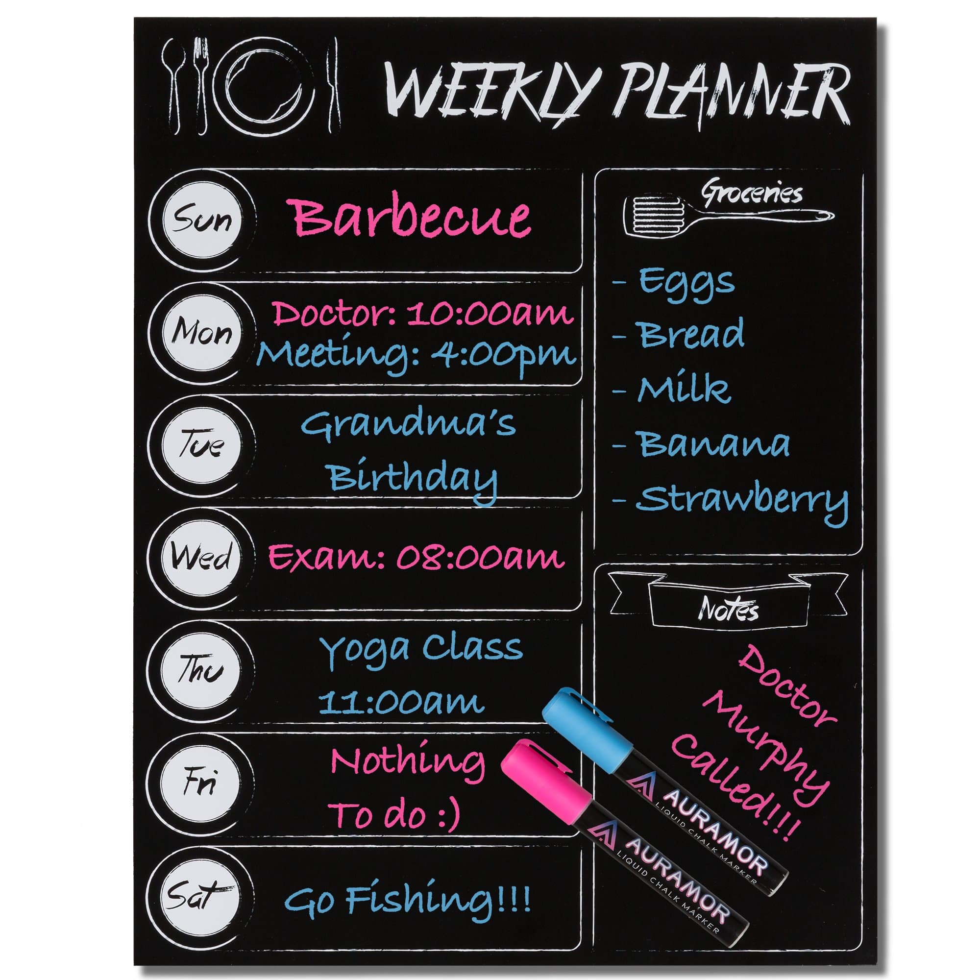 Magnetic Weekly Menu Planner Grocery List Dry Erase Board 7 Day Meal Prep Calendar Organizer Fridge Decal with Liquid Chalk Markers 16x12 Black Kitchen Organization Chalkboard Refrigerator Magnet