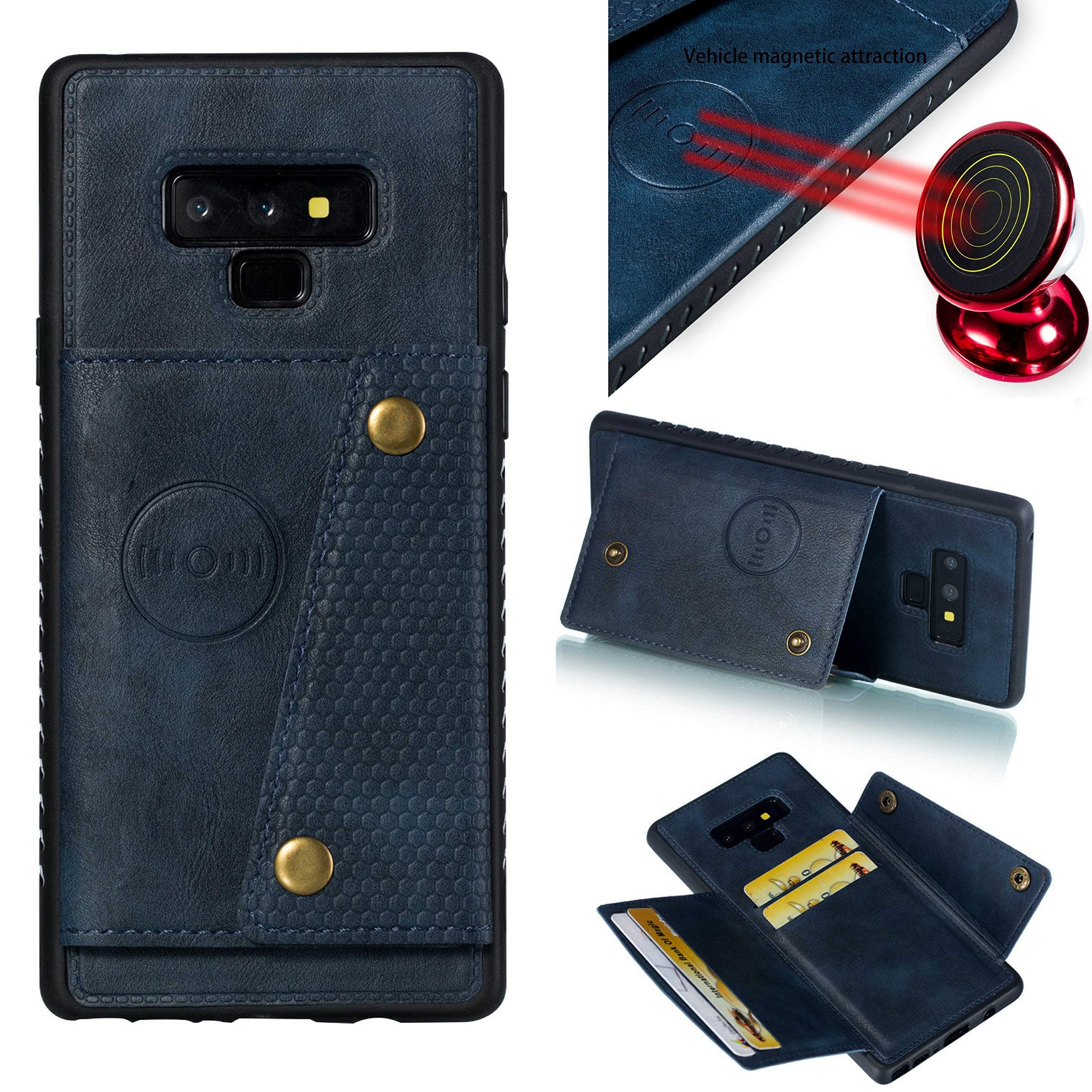 Galaxy Note 9 Case: Full Body Armor: Leather Samsung Galaxy Note 9 with Card Holder- Magnetic car Mount Kickstand Wallet (Blue- Note 9)