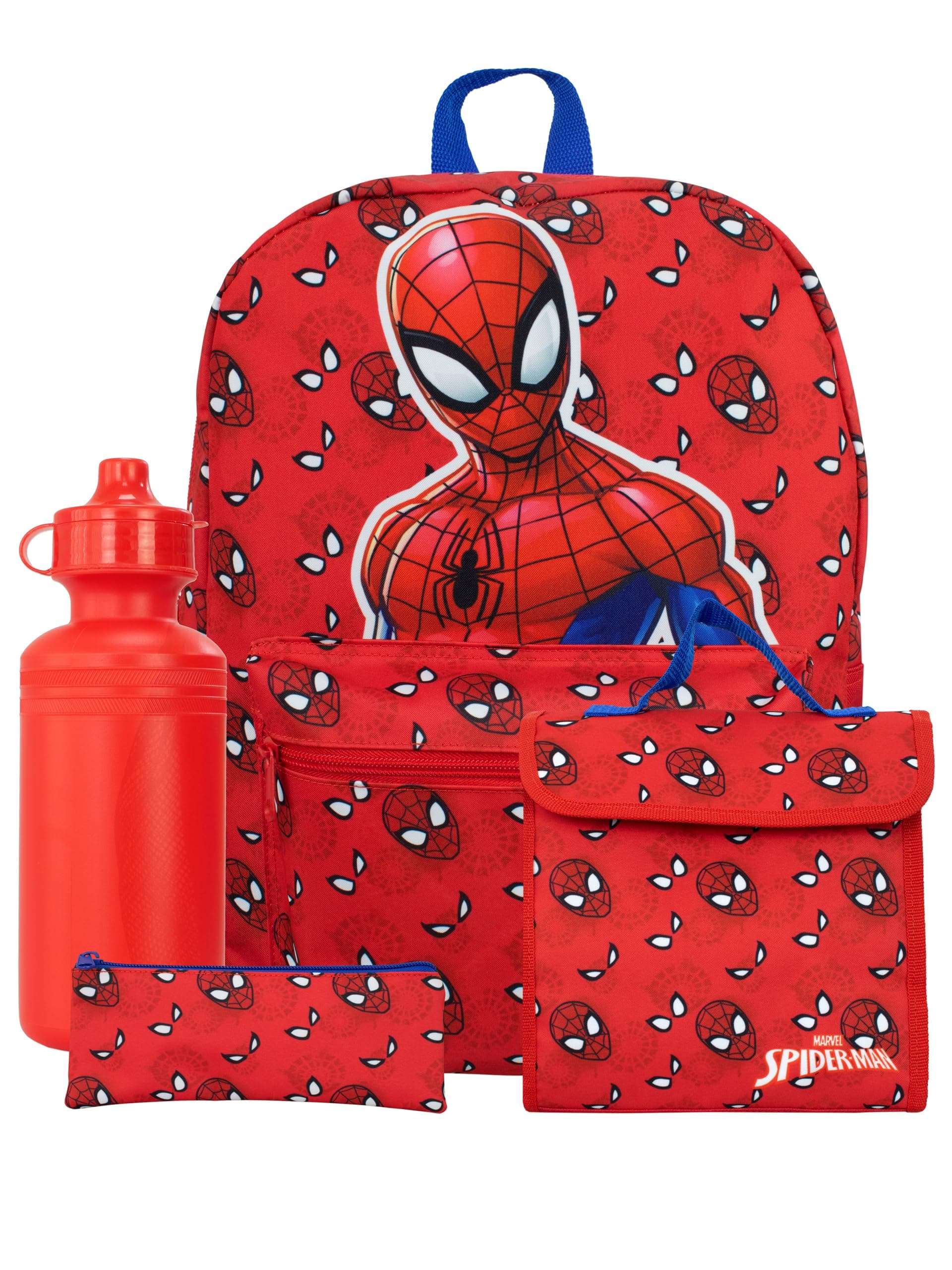 Kids Spiderman Backpack | 4 Piece Spiderman School Bag Set I Spider-Man Lunch Box And Bottle With Pencil Case | Red