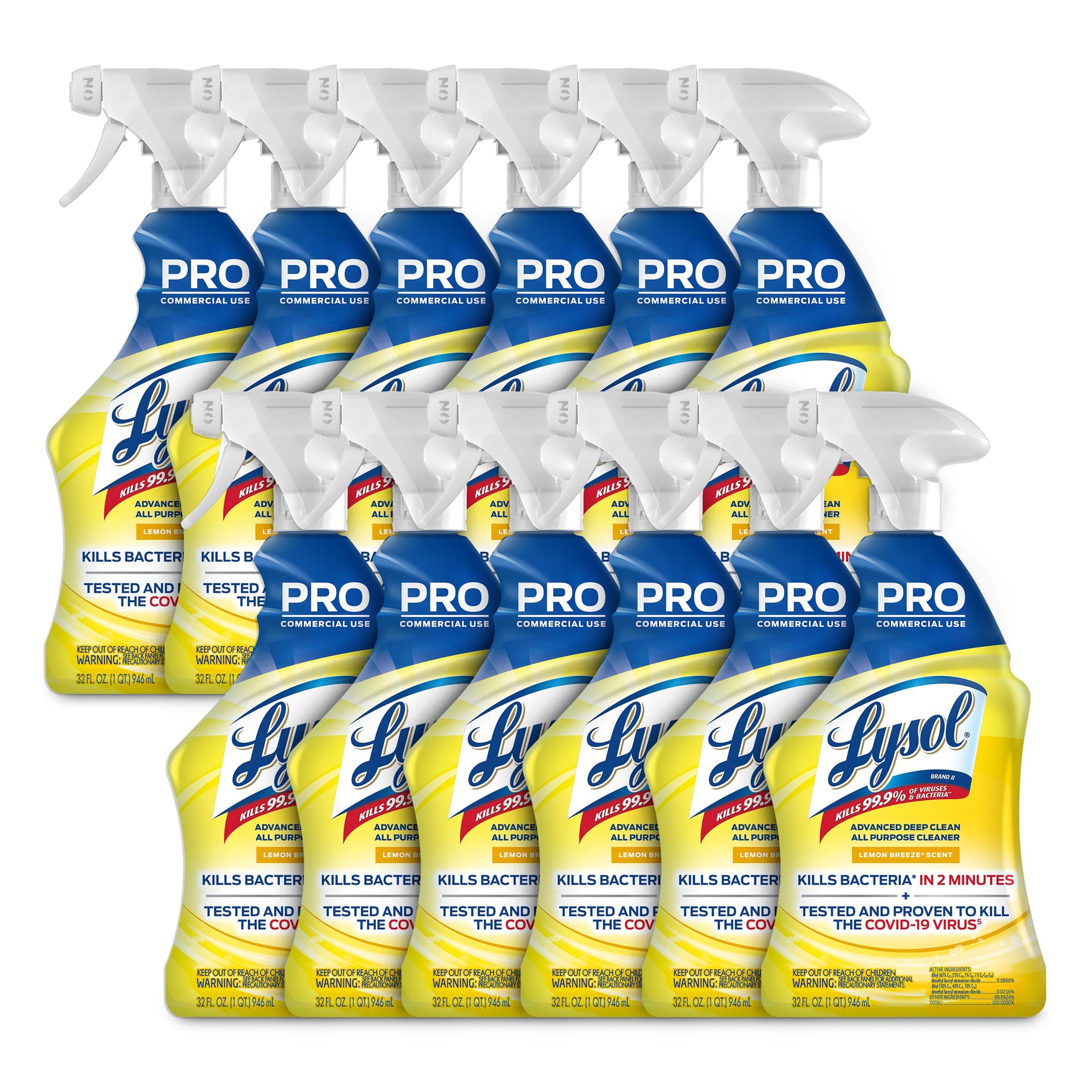 Lysol Pro All-Purpose Cleaner - Advanced Deep Cleaning Sanitizing and Disinfecting Spray - Lemon Breeze Scent - 32 oz Bottle (946 ml) - Pack of 12 - Commercial Use for Hotels, Facilities, Offices