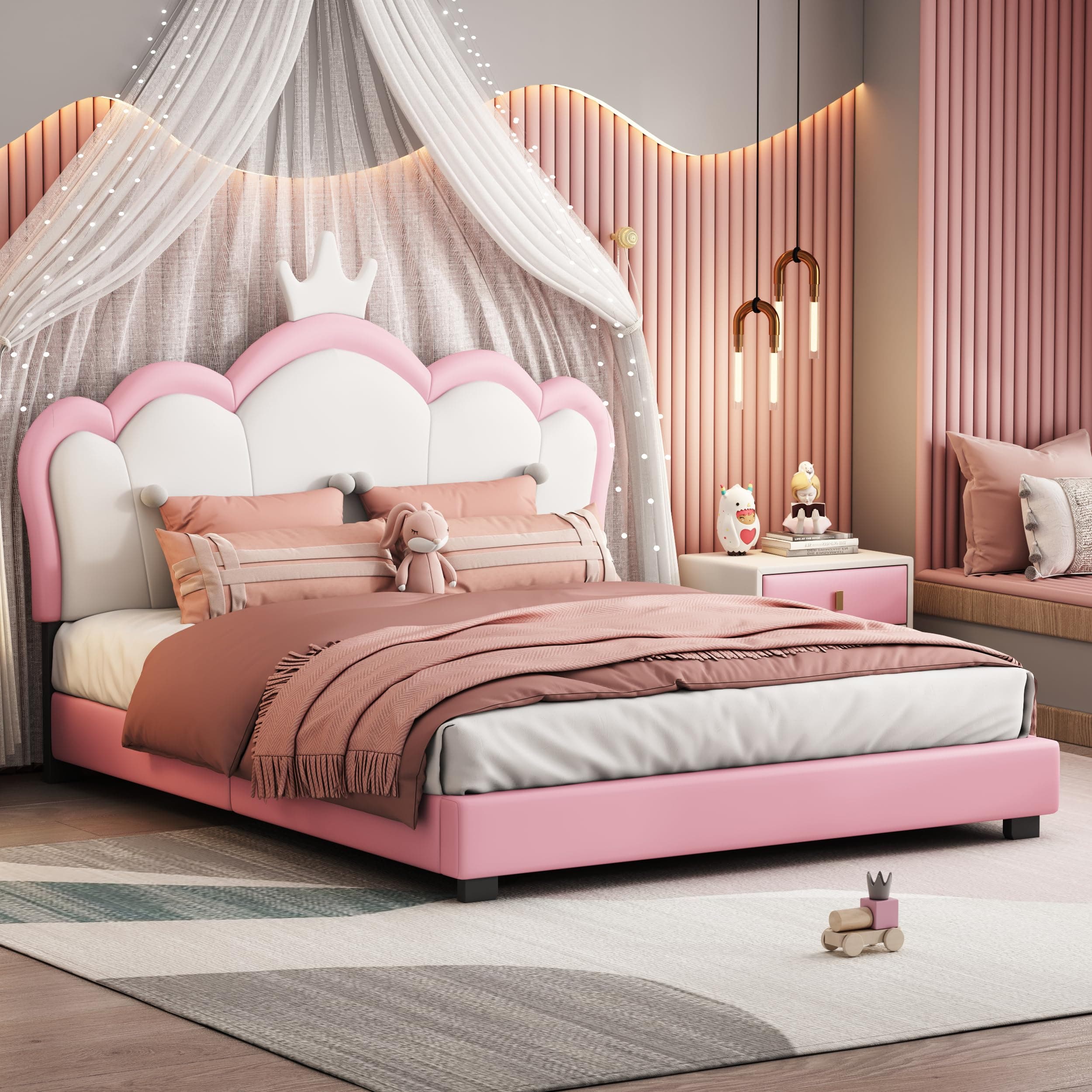Bellemave Full Size Princess Bed Frame with Crown Shaped Headboard for Kids,Upholstered Platform Bed with Slats Support,Pink Girls Bed,Full Bed for Girls Teens,Pink
