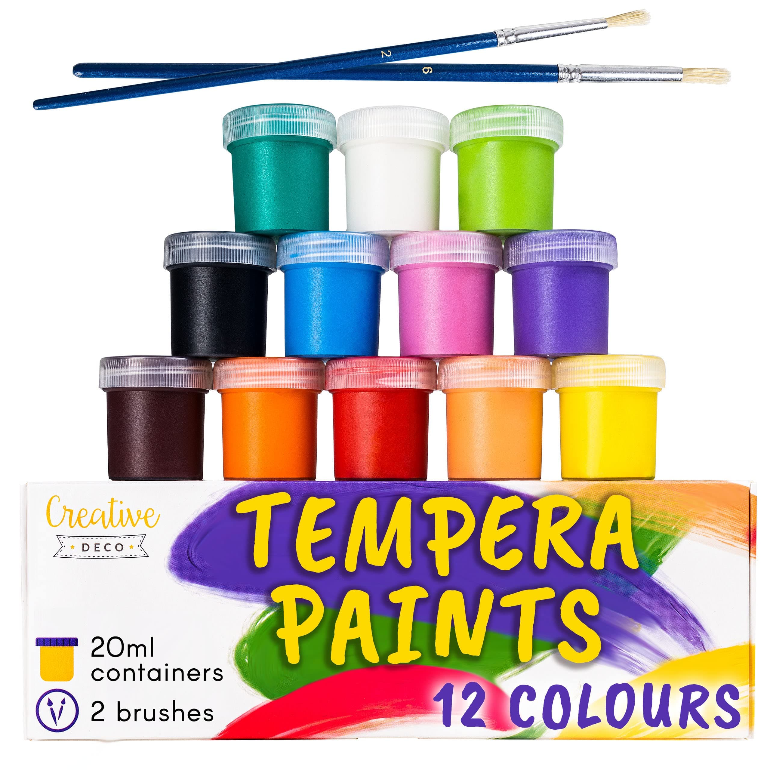 Creative Deco Tempera Paint Set Poster Paint for Kids | 20 ml x 12 Pots | Children Toddlers Washable Paints | Basic Vibrant Pigmented Art Colours | Safe & Non-Toxic | Extra Coverage & Matte Finish