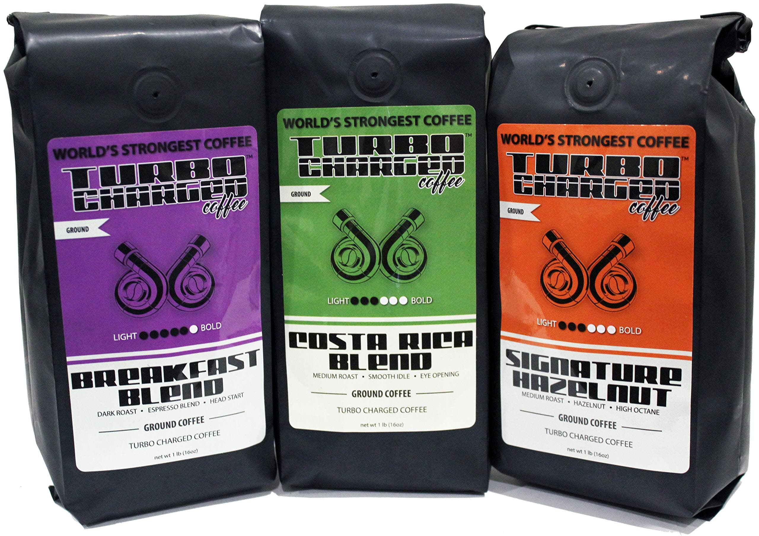 3lb Variety Pack (Three 16oz Bags) - Ground Coffee Sampler Variety Pack Strong Caffeine Content - InfuSio Turbo Charged Coffee Performance Pack (Breakfast Blend / Costa Rica Blend / Hazelnut)