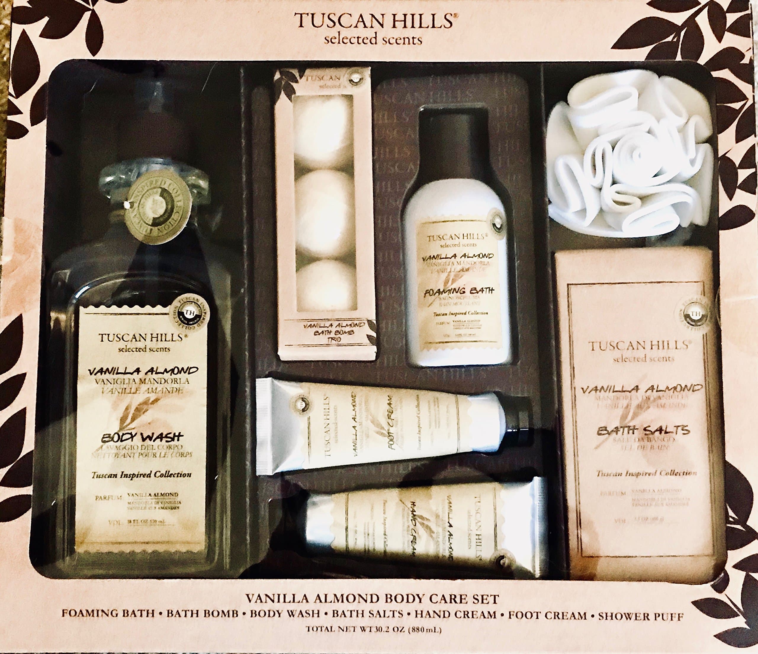 7 piece Body Care Set, Vanilla Almond Foaming Bath, Bath Bomb, Body Wash, Bath Salts, Hand Cream, Foot Cream, and Shower Puff, TH102