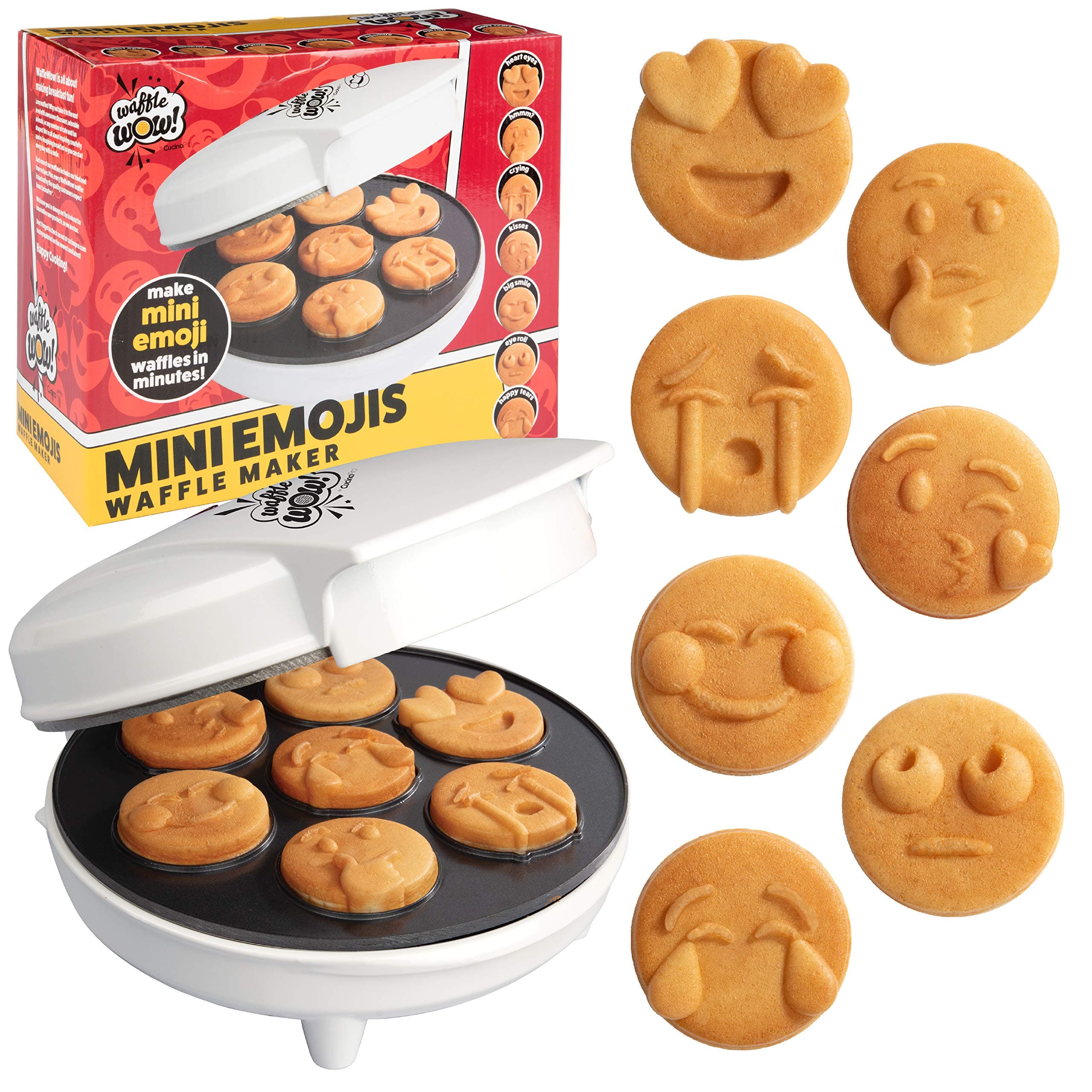 Mini Emojis Waffle Maker for Mother's Day Breakfast- Make 7 Unique Smiley Face Waffles Pancakes for Kids- Electric Non-Stick Iron Feat Kiss Face Heart Eyes & Smile w Recipe Guide- Licensed by Emoji