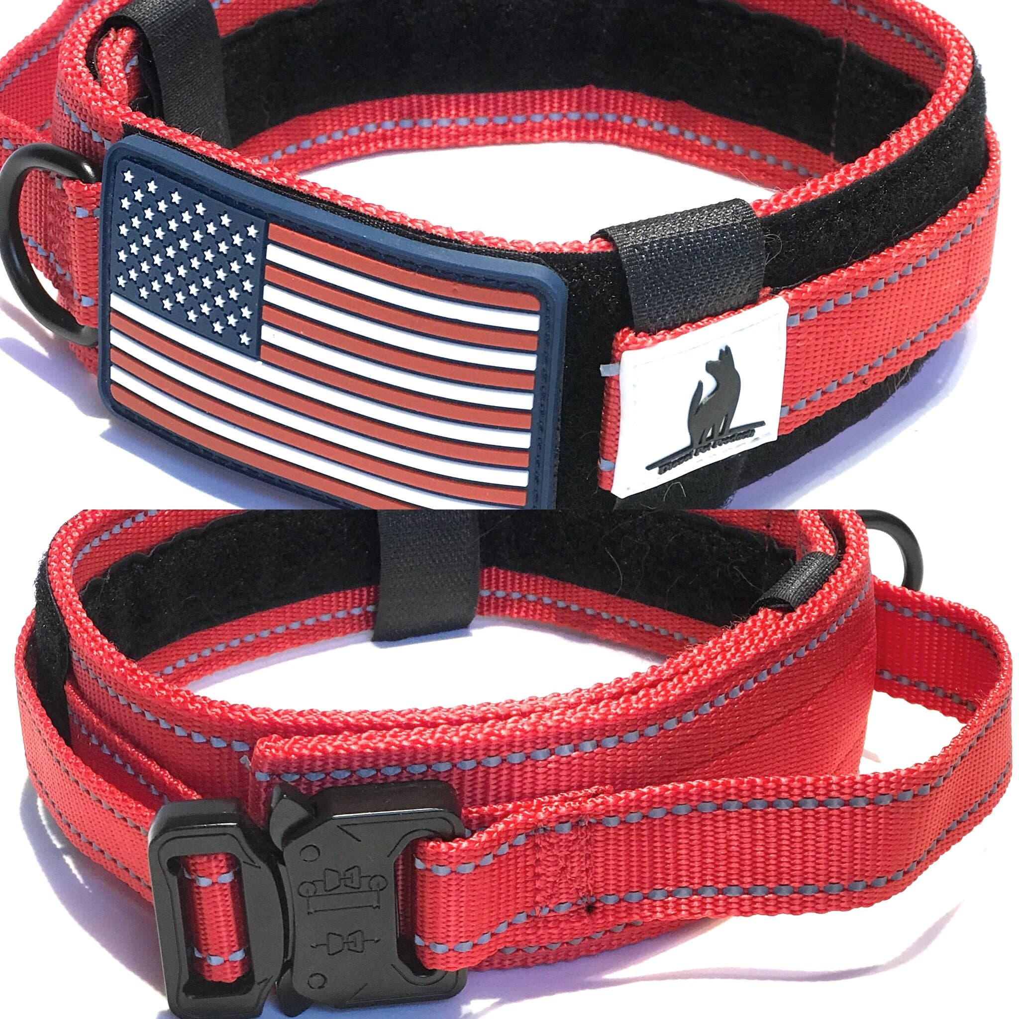 DOG COLLAR WITH CONTROL HANDLE MILITARY STYLE METAL QUICK RELEASE TACTICAL BUCKLE HEAVY DUTY 2" WIDTH NYLON WITH USA FLAG GREAT FOR HANDLING AND TRAINING LARGE CANINE MALE OR FEMALE K9 (Red)