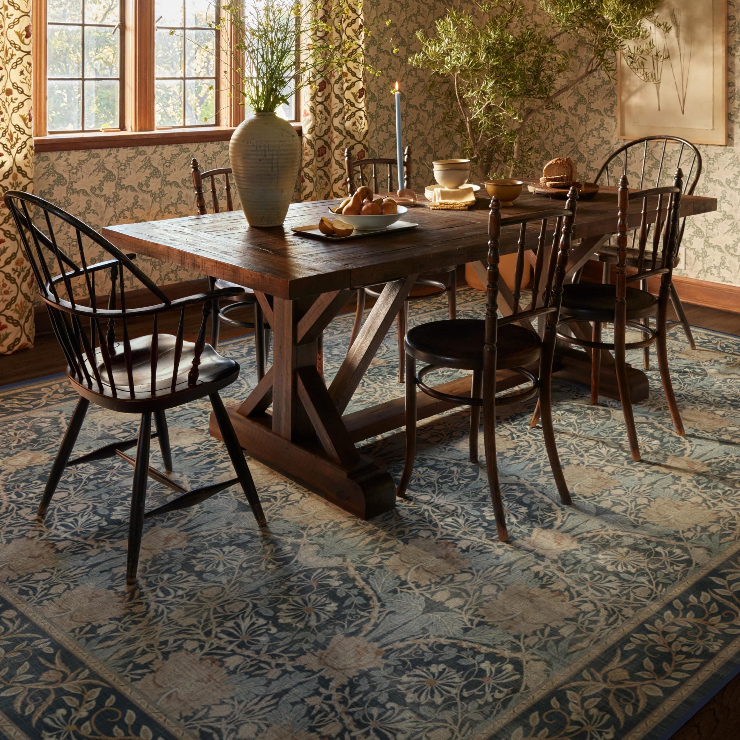 RUGGABLE x Morris & Co Machine Washable Area Rug – Honeysuckle & Tulip Blue 8x10, Stain-Resistant, Non-Slip – Large Rugs for Living Room, Bedroom, Hallway, Entryway & Office–with Cushioned Pad