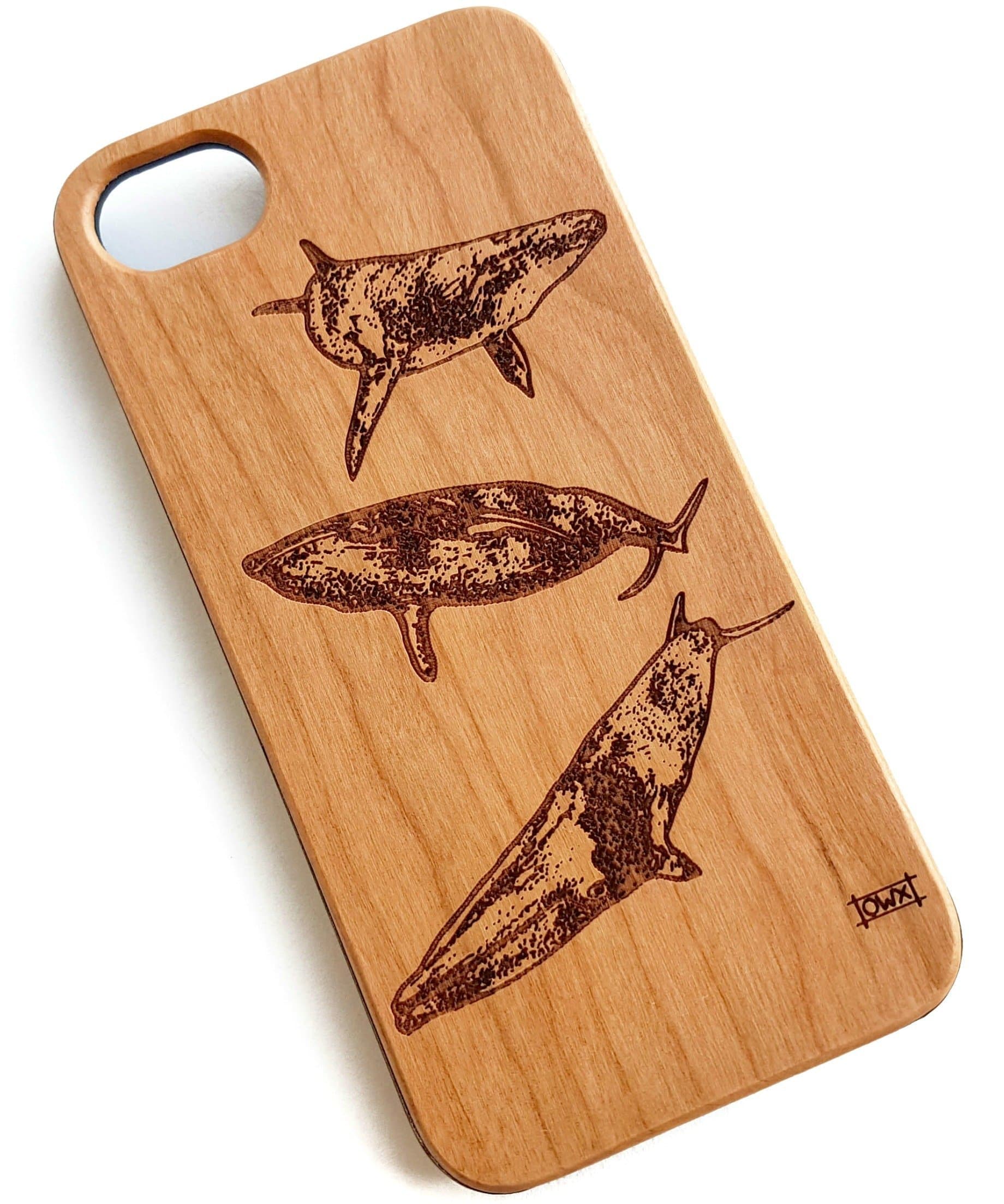 Wooden engraved whale phone case for iPhone 6, 6S, 7 & 8 . Real solid wood, hand made, carved artwork. Drop & scratch proof, providing premium protection for your smart phone