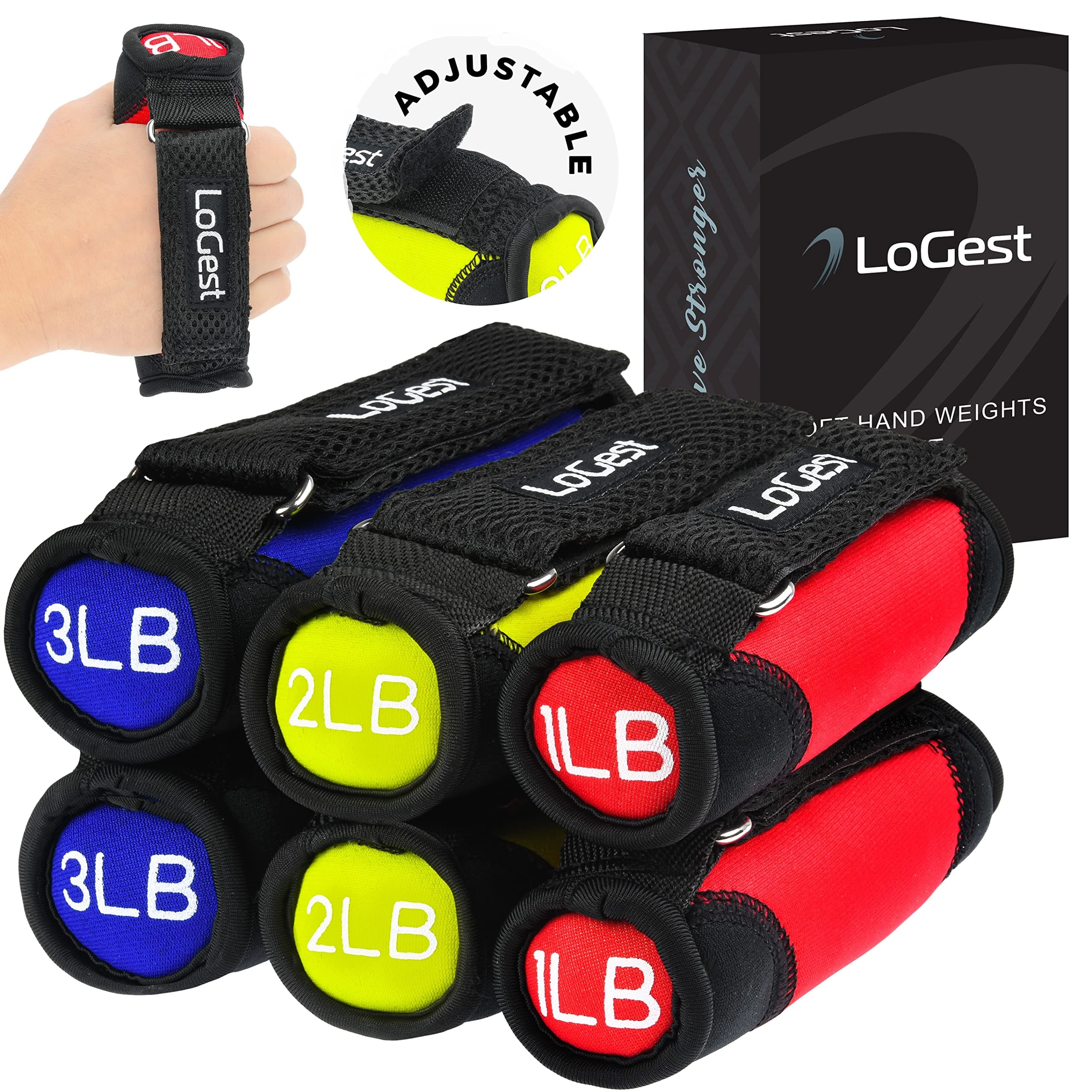 Logest Soft Hand Weights - Adjustable Neoprene Dumbbells (1LB, 2LB, 3LB, 4LB) - Red, Yellow, Blue, Purple - Velcro Straps - Weight Training, Walking, Jogging, Aerobics, Yoga
