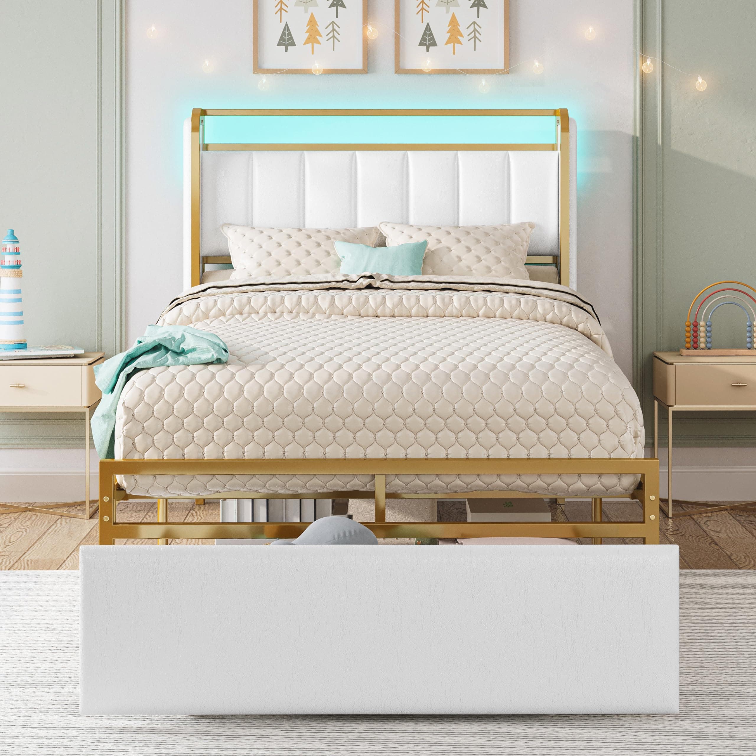 LIKIMIO Twin Size Bed Frame with Armrests Headboard & RGB Light, Upholstered Twin Size Bed Platform with Drawers, No Box Spring Needed, Study & No Noise, Modern Gold and White