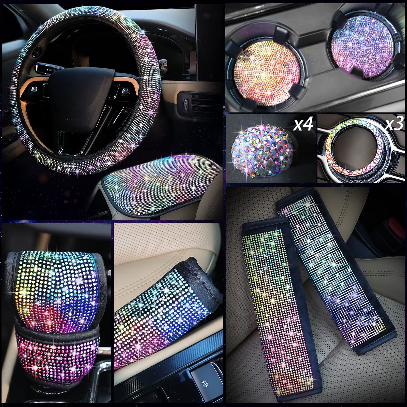 15 Pcs Bling Car Accessories Set, Include Rhinestone Steering Wheel Cover Crystal Handbrake Cover and Center Console Glitter Bling Car Accessories 3 Sticker Ring Emblem 4 Valve Stem Cap 2 Holder