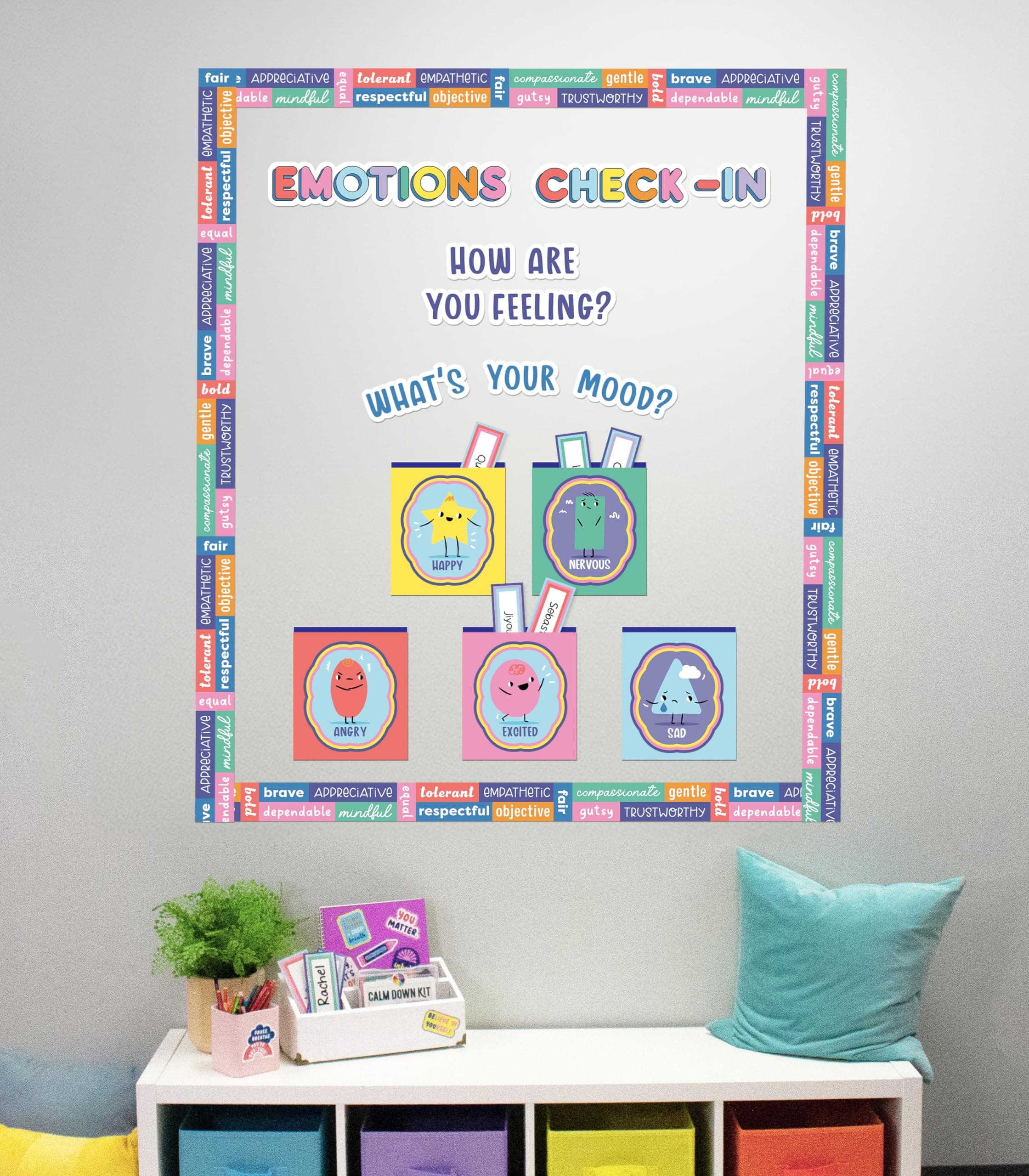 Carson Dellosa Pre-Punched We Stick Together 46-Piece Emotions Check-in Bulletin Board Set, Calming Corner Accents, Feelings Chart, Mood Board and More, Calm Down Corner, SEL Classroom Décor
