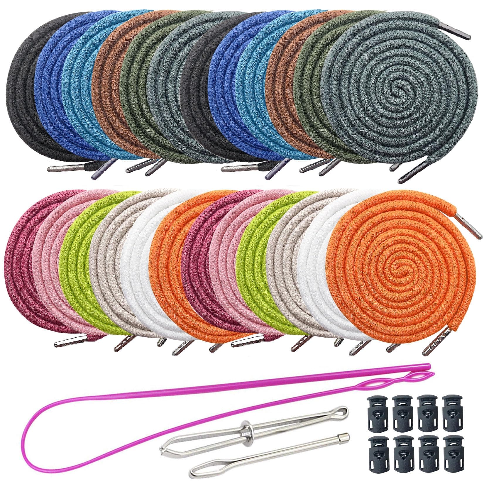 24Pack Replacement Drawstrings Drawcords 8 Pieces Cord Locks for Pants Sweatpants Hoodies Scrubs Jackets Shorts, with 3 Pieces Drawstring Threader Re-Threader Tool 53" Long (12 Color)