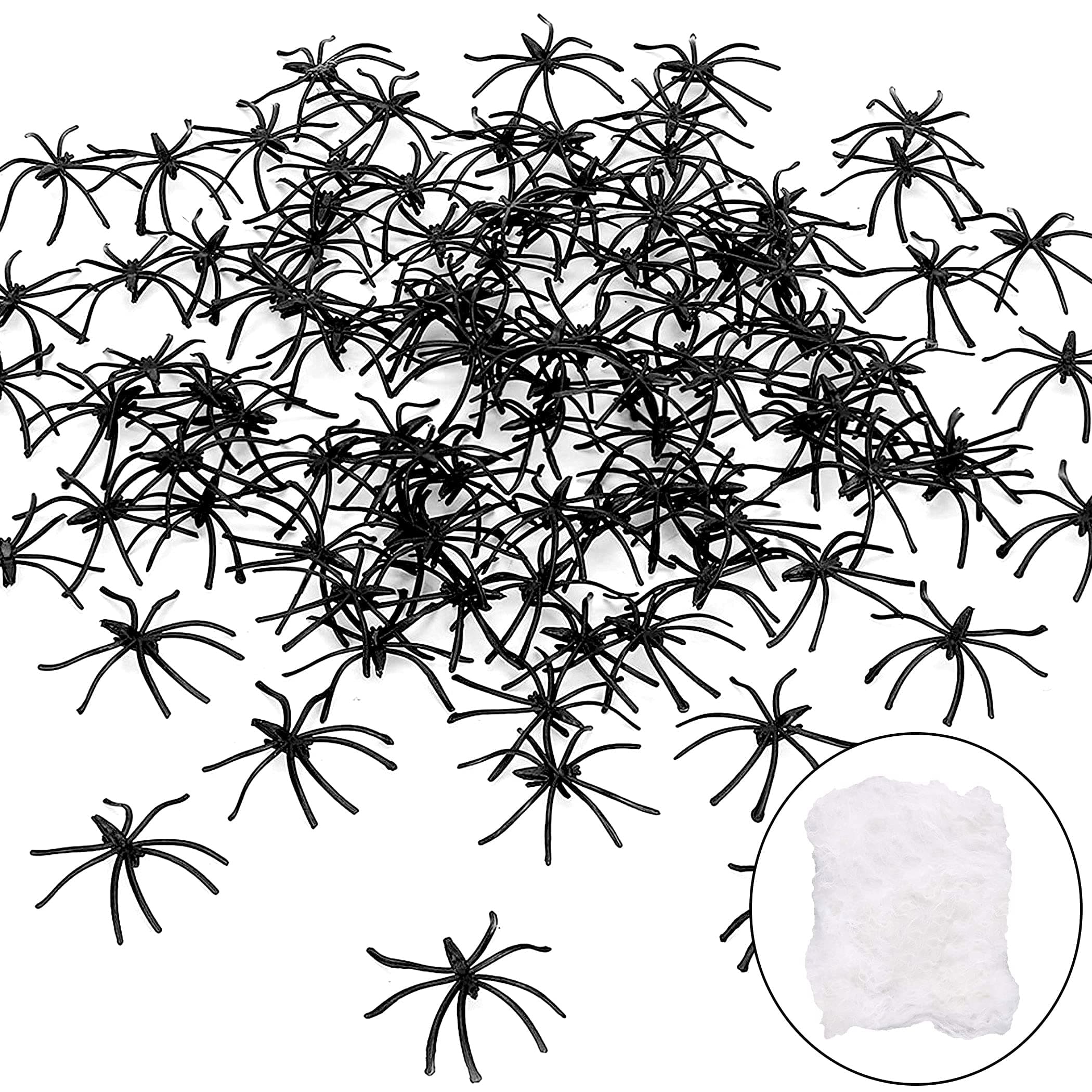 Funnlot 200pcs Halloween Plastic Spiders with 1 Pack Halloween Spider Web 60g Black Fake Halloween Spiders for Haunted Halloween Decorations Spooky Halloween Cobweb Decorations Indoor Outdoor