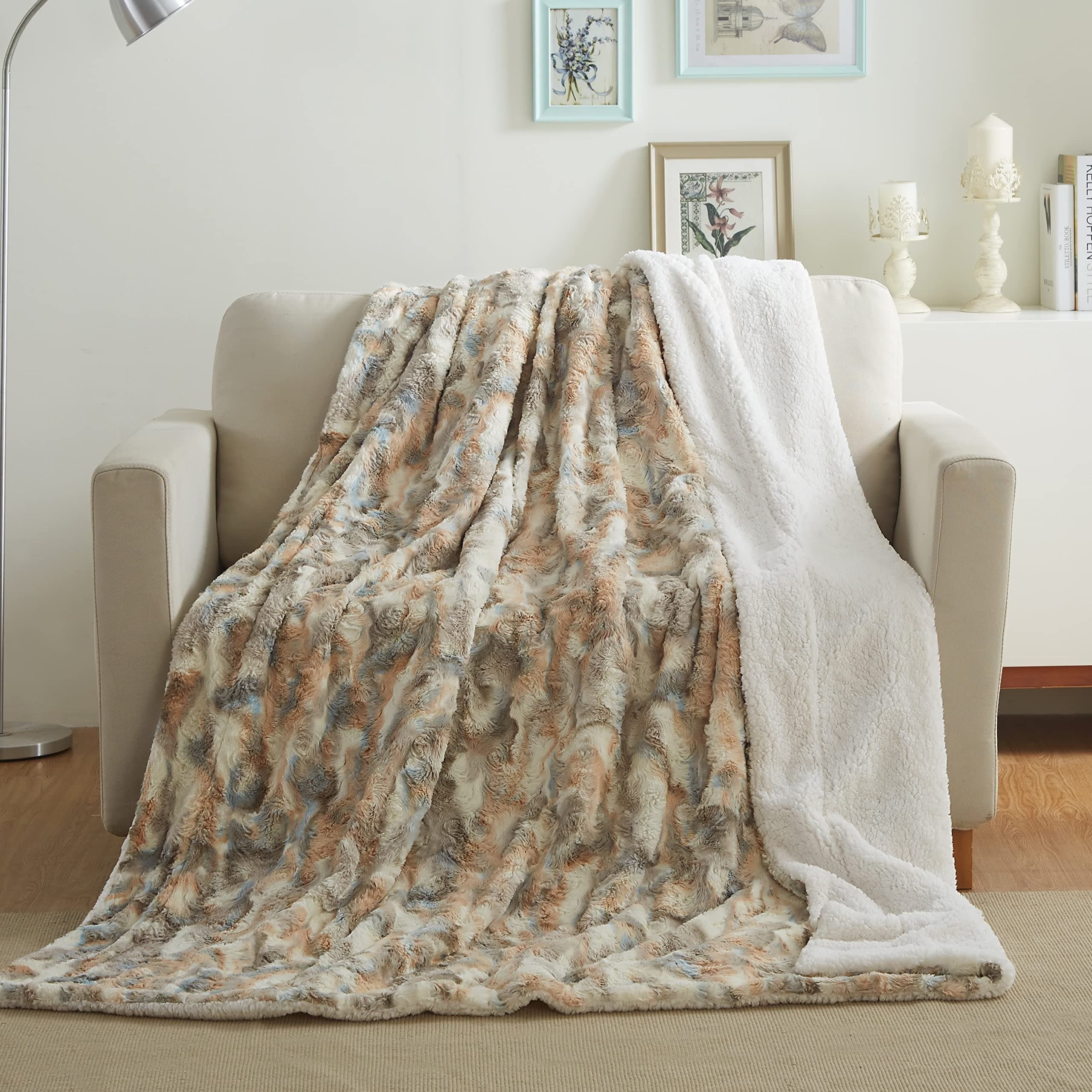 Tache 63 x 90 Super Soft Warm Tan Brown Blue Russian Lynx Faux Fur Fluffy White Sherpa Throw Blanket