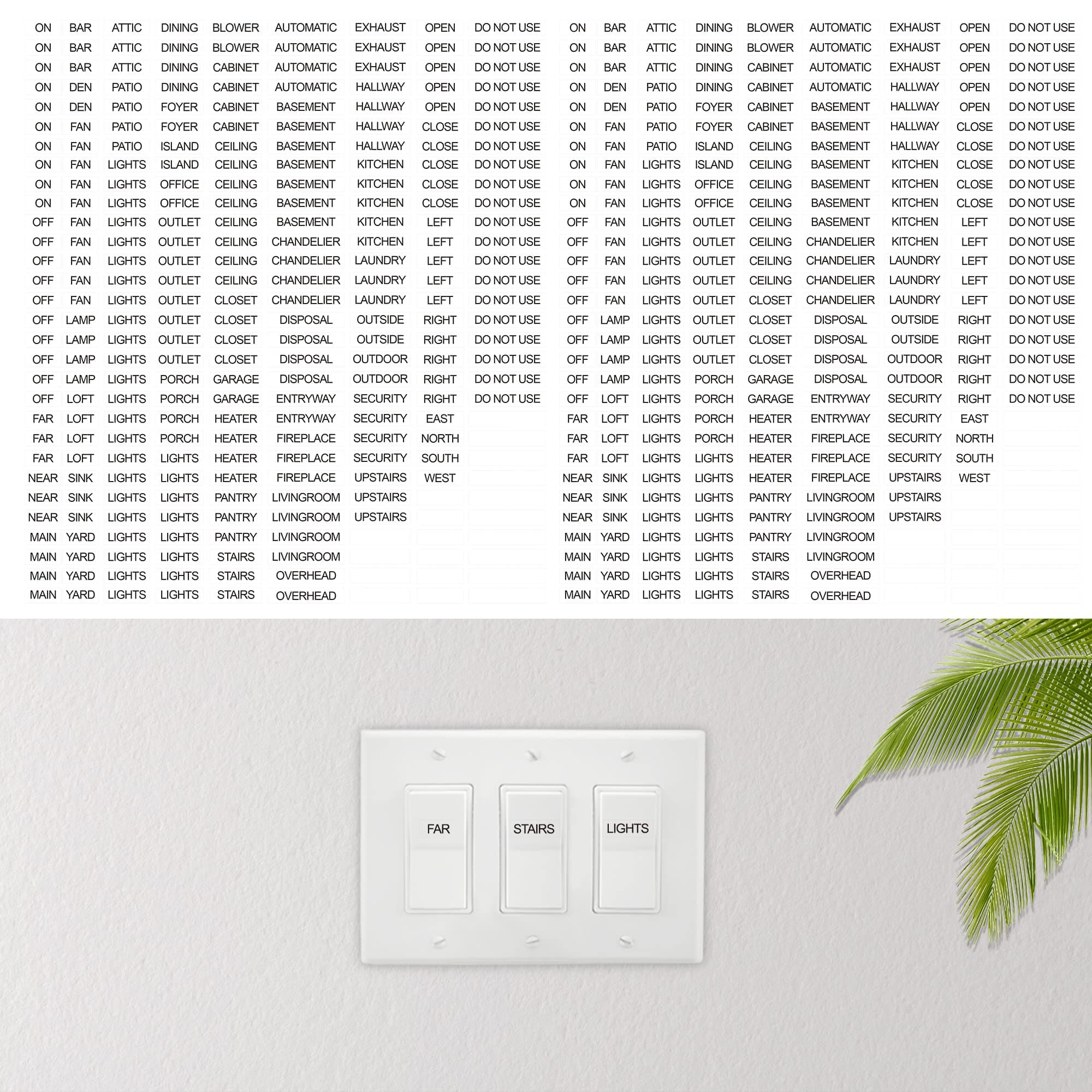 TOMALL 500Pcs Light Switch Labels Stickers with Text Transparent Household Light Fan Heater Bathroom Kitchen Garage DO NOT USE for New Home Office Hotel Public Places