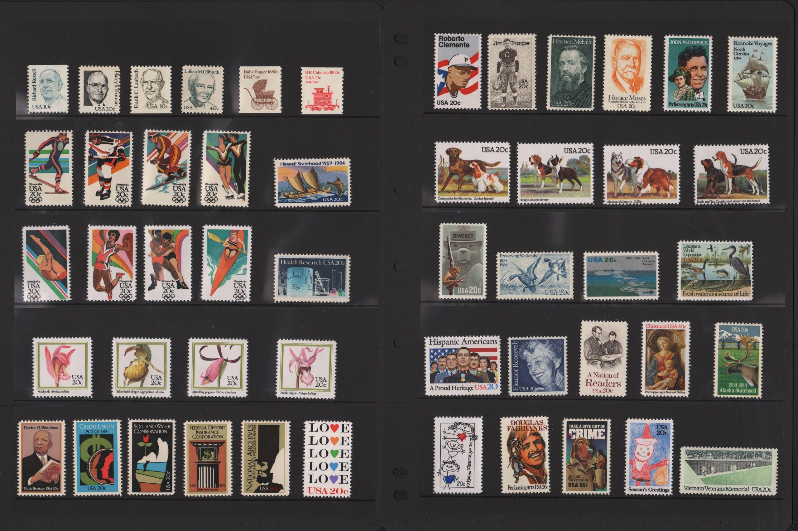 COMPLETE MINT SET OF POSTAGE STAMPS ISSUED IN THE YEAR 1984 BY THE U.S. POST OFFICE DEPT. (Total 50 Stamps)