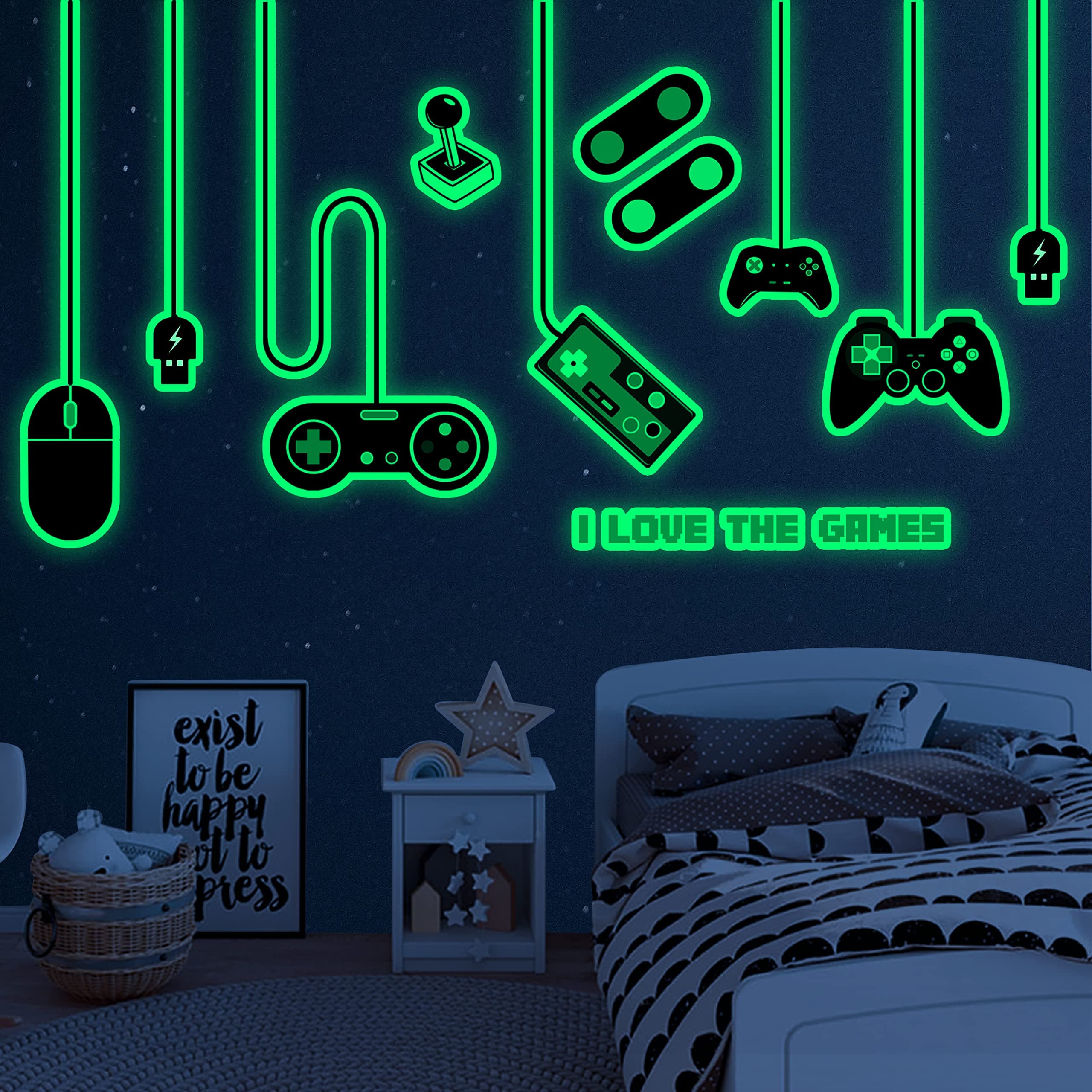 Game Wall Decals Glow in The Dark Gamer Wall Decals Gaming Wall Stickers Game Room Decor Glow Gaming Controller Sticker Removable Video Game Wall Decor for Boys Kids Girls Bedroom Playroom Home Decor