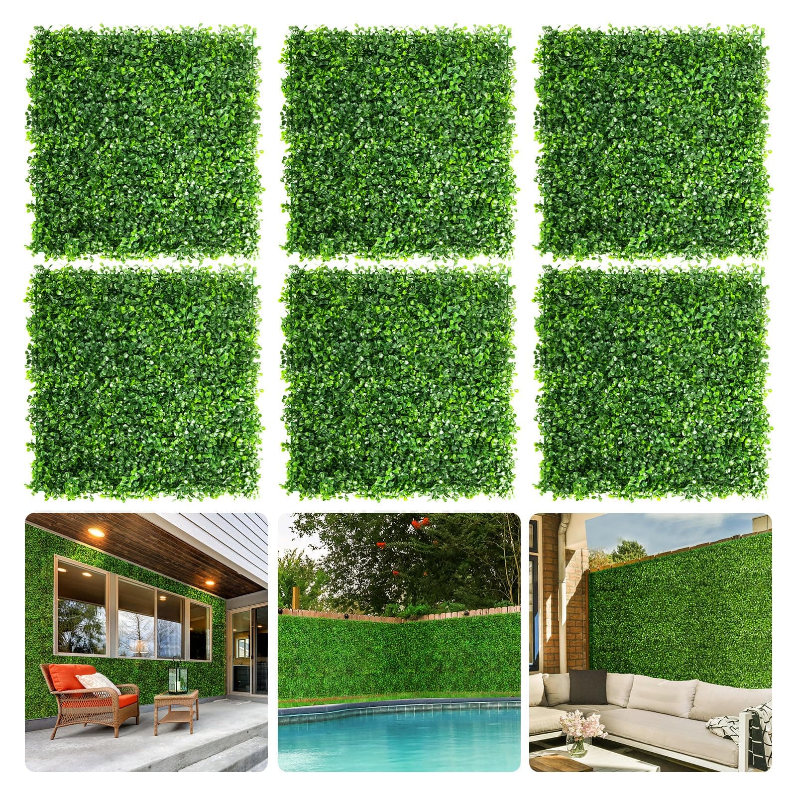Aboofx Artificial Turf Wall Panels, 6 Pack 10x10 Inch Green Wall Decor Green Wall, Hedge Topiary Wall Panels for Indoor/Outdoor/Garden Privacy Protection (4.17 sq ft)