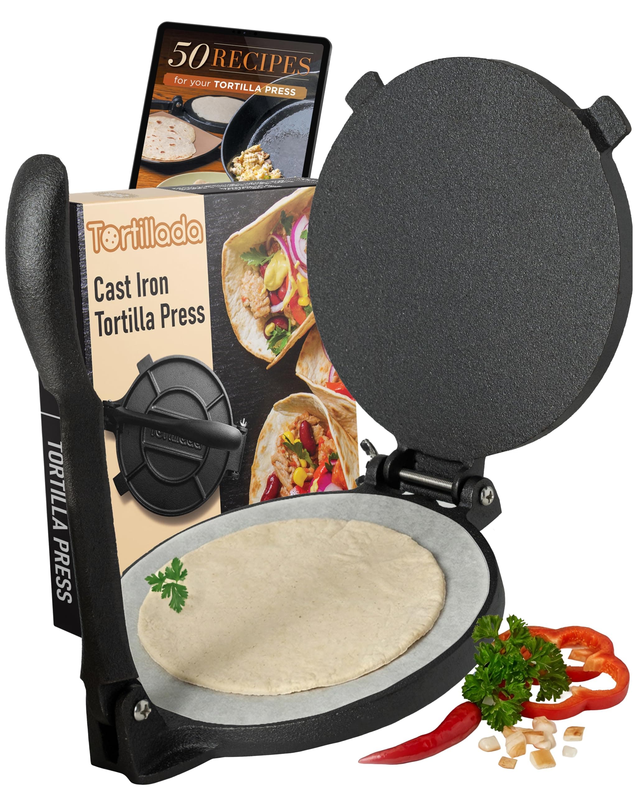 Tortillada – Premium Tortilla Press Cast Iron with Recipes E-Book (10 Inch)
