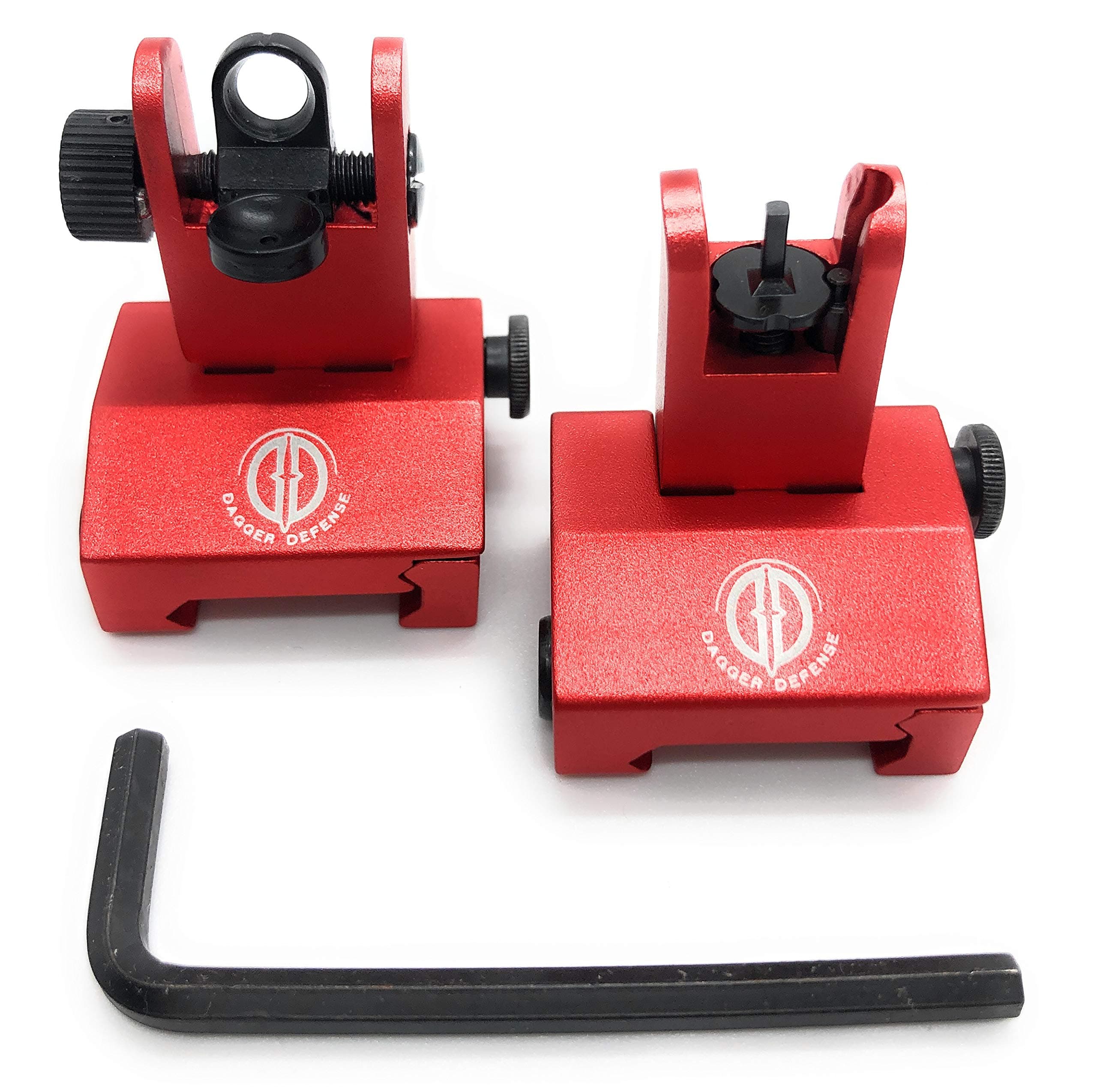 DD DAGGER DEFENSE -Combat Vet Owned Company- Red Colored, flip up Rail Mounted BUIS Back up Sights, Spring Loaded, for mil-spec 1913 Rail mounts