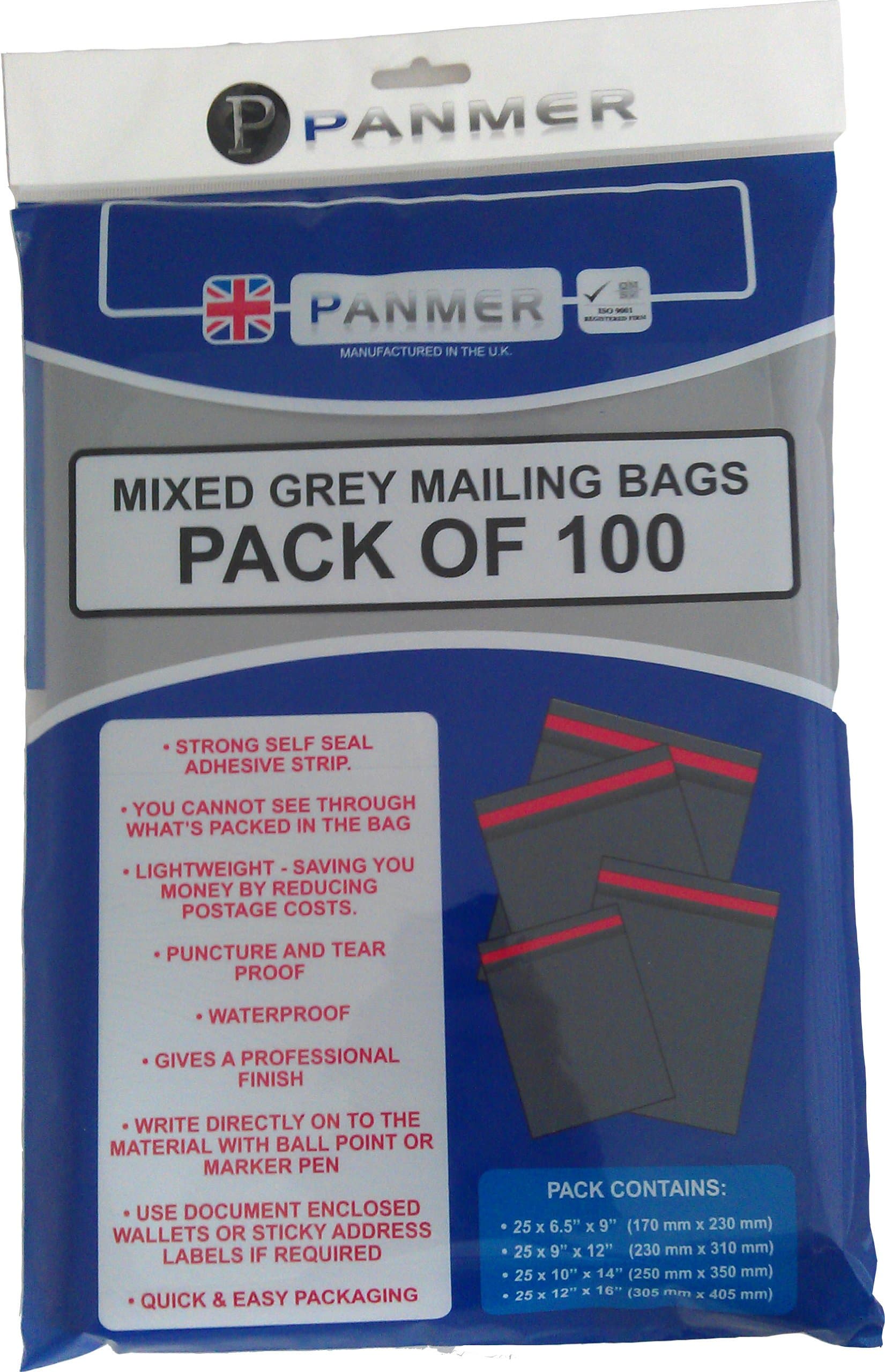 Panmer Mixed Mailing Bags - Grey (Pack of 100), 33.2 x 23 x 3.2 cm, MB/100/MIX