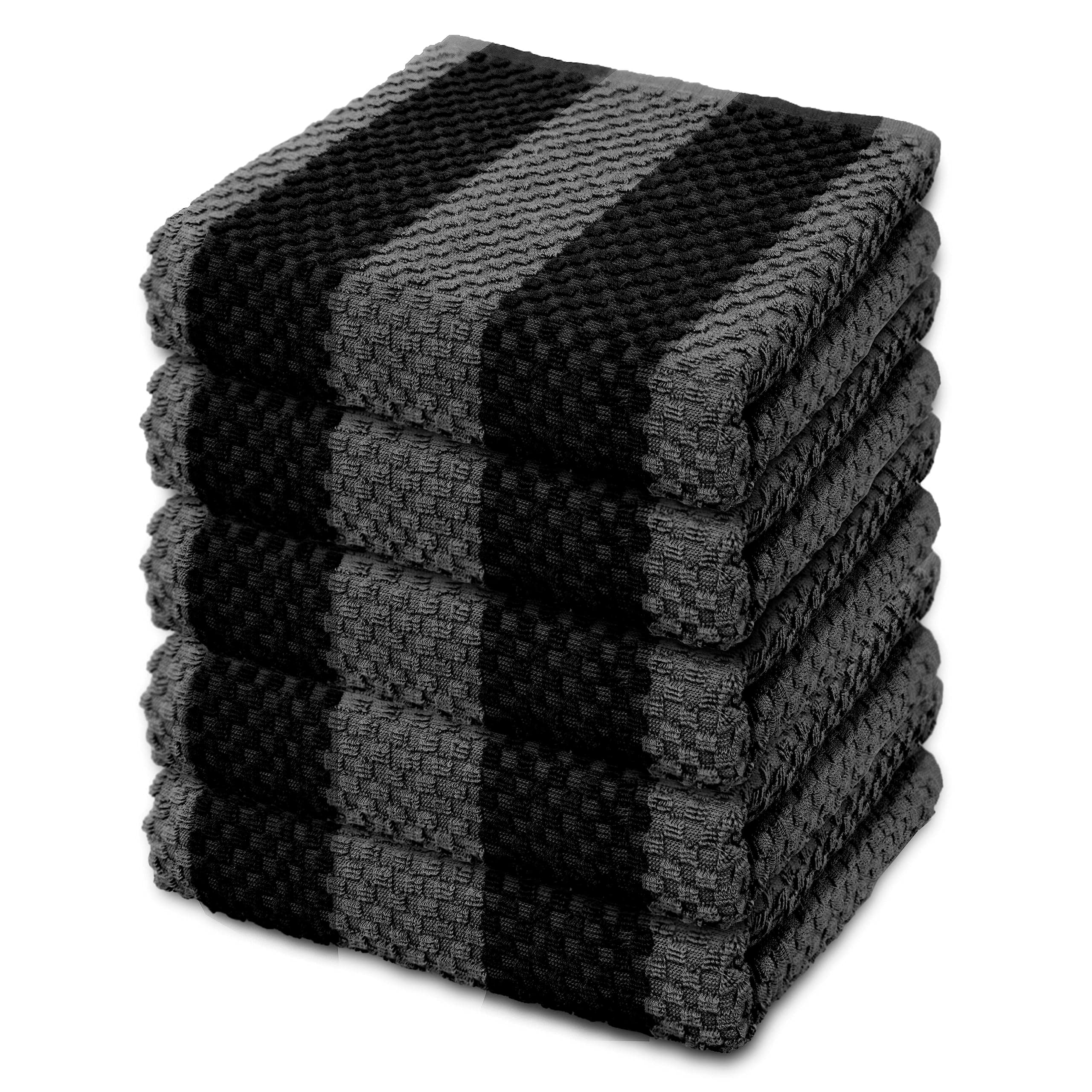 Stripe Designed Tea Towels for Kitchen - 100% Cotton | Super Absorbent & Quick Drying Hotel Quality Kitchen Towels Set | 60 x 40 cm - Machine Washable for Everyday Use (5 Pack, Grey & Black)