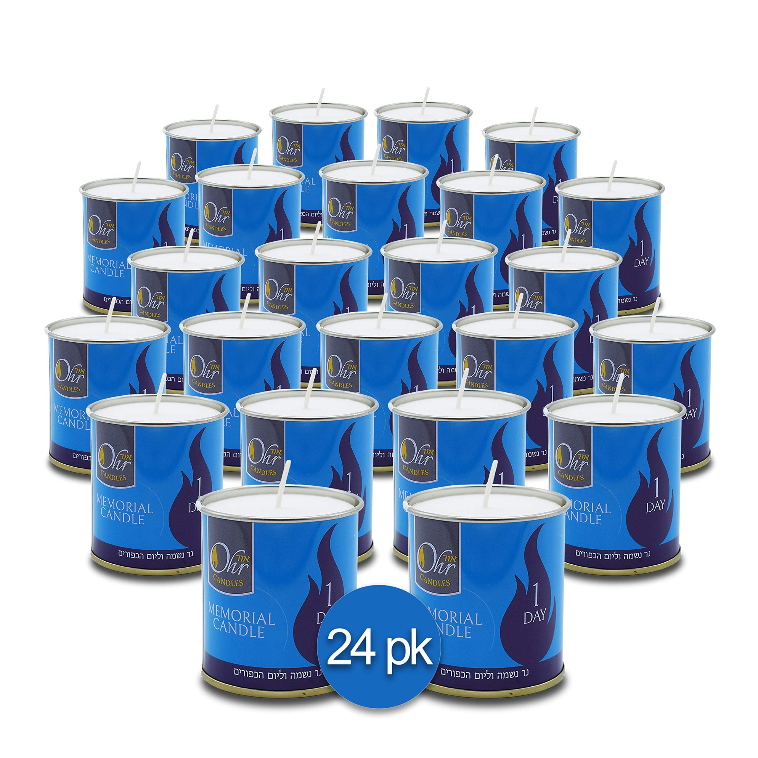 1 Day Yahrzeit Candle - 24 Pack - 24 Hour Kosher Yahrtzeit Memorial and Yom Kippur Candle in Tin Cup Holder