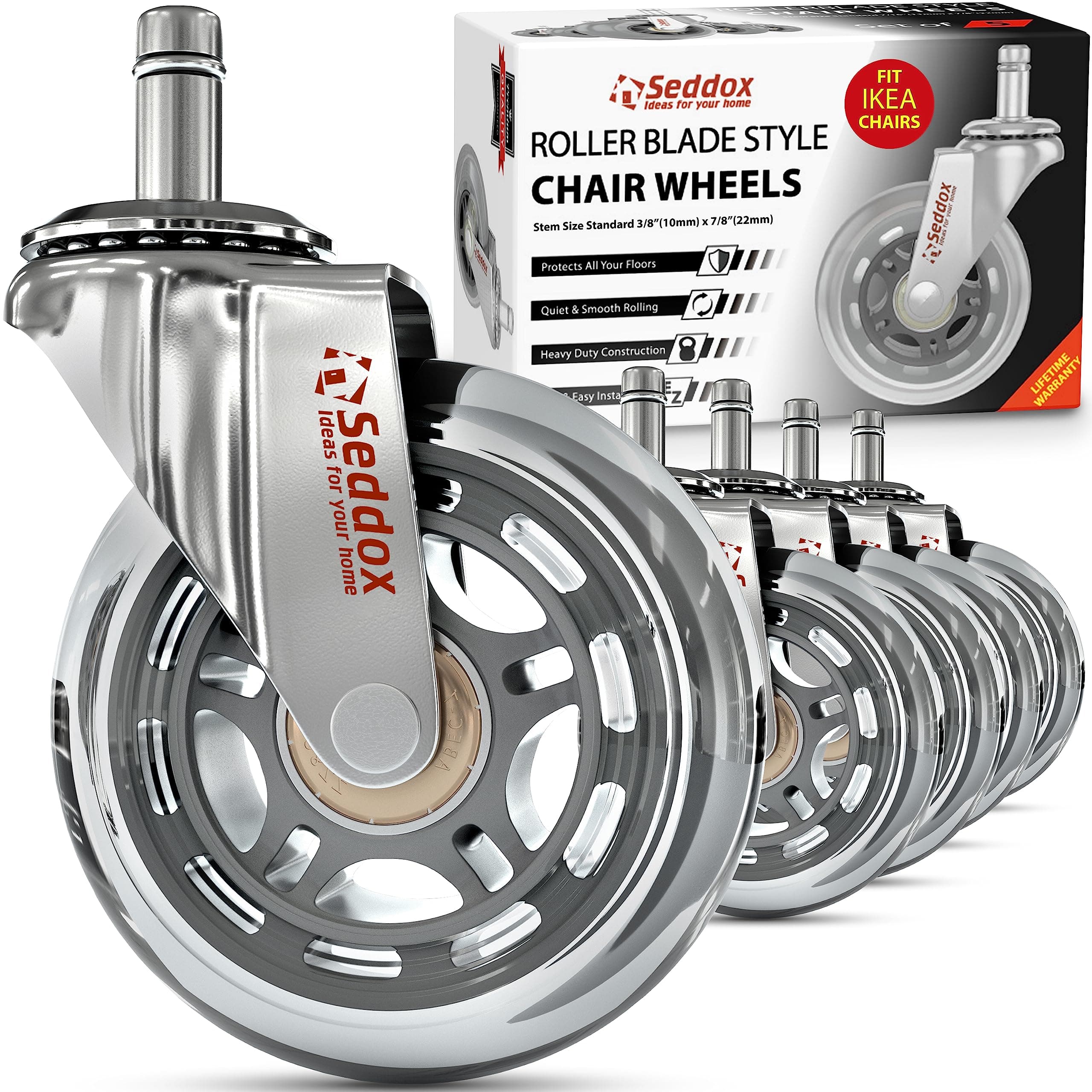 Office Chair Wheels Replacement Set 10mm (3/8" x 7/8") Stem - Fits IKEA Chairs ONLY - Soft Desk Chair Casters for Wood Floors & Carpet - Heavy Duty & Safe for All Floors Without Chair Mats - Silver