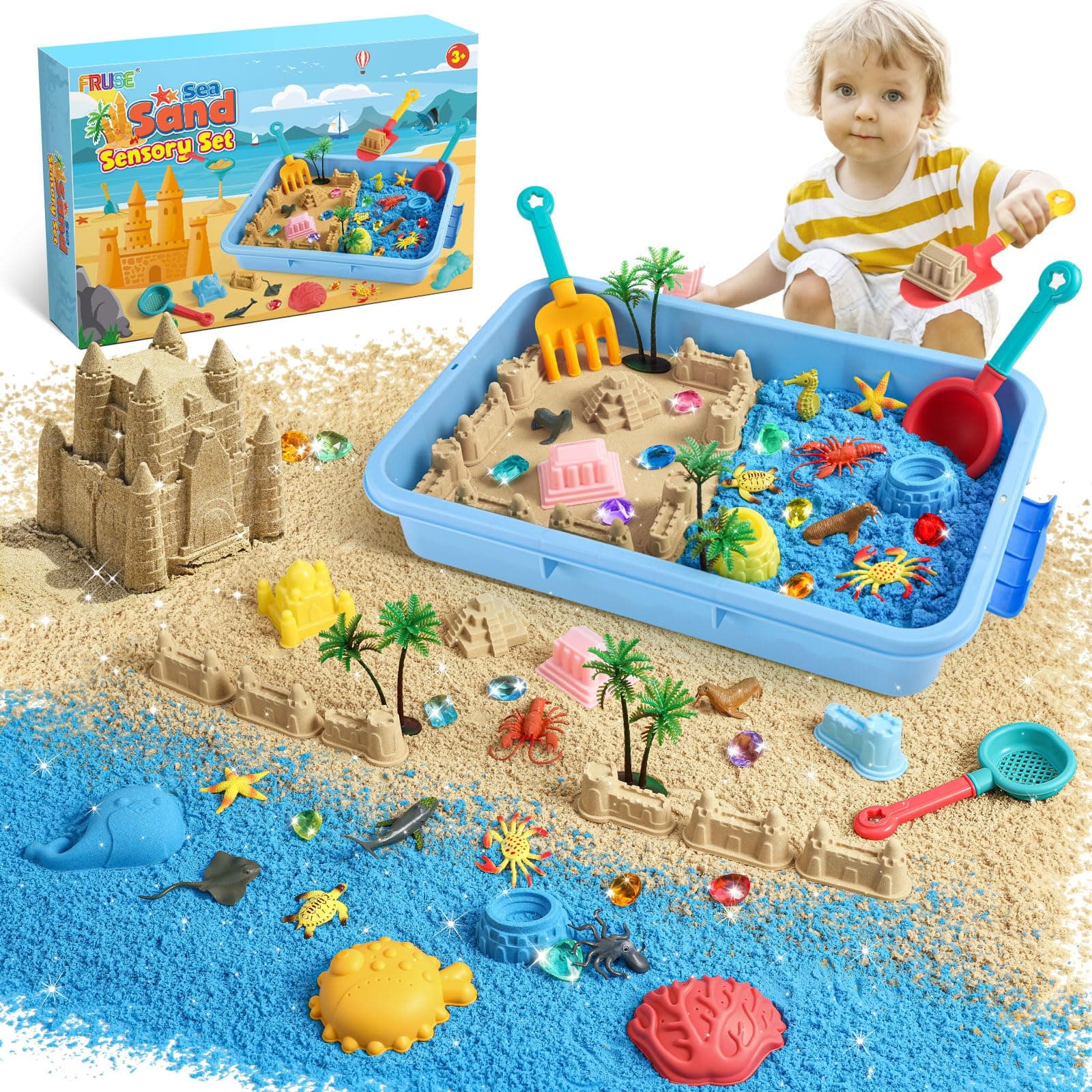 FRUSE Ocean Sensory Bin,Play Sand Art Kit with 2.2lbs Play Sand,12 Sea Animal Toys,Sand Molds,Role Play Beach Toy Sandbox Toys for Toddlers 3 4 5 6 7