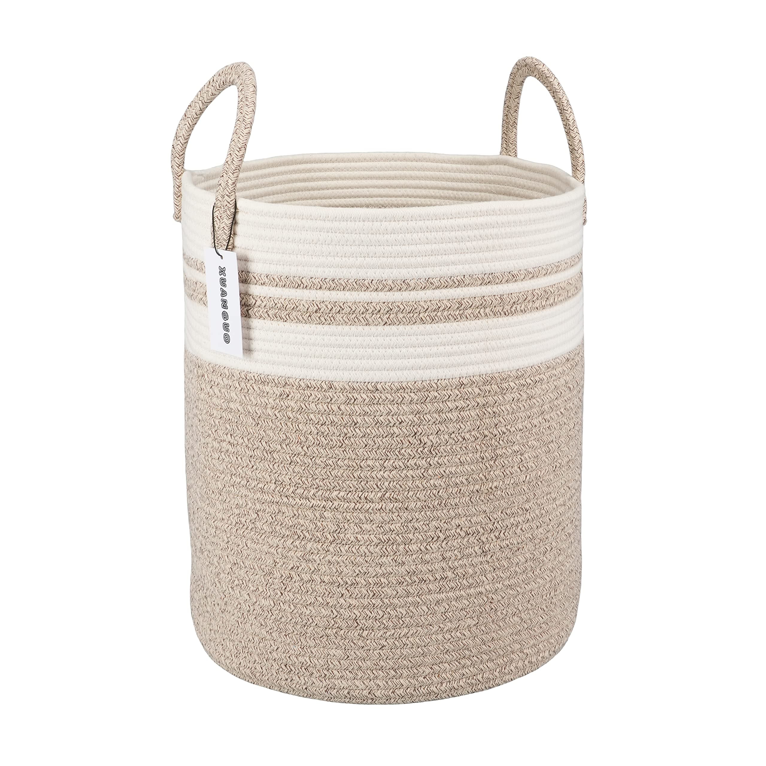 Cotton Rope Laundry Basket Hamper for Clothes Woven Storage Basket for Living Room Bedroom Boho Tall Rope Baskets for Blanket Toys Pillow Towels Baby Nursery Hamper Bin Large brown and white