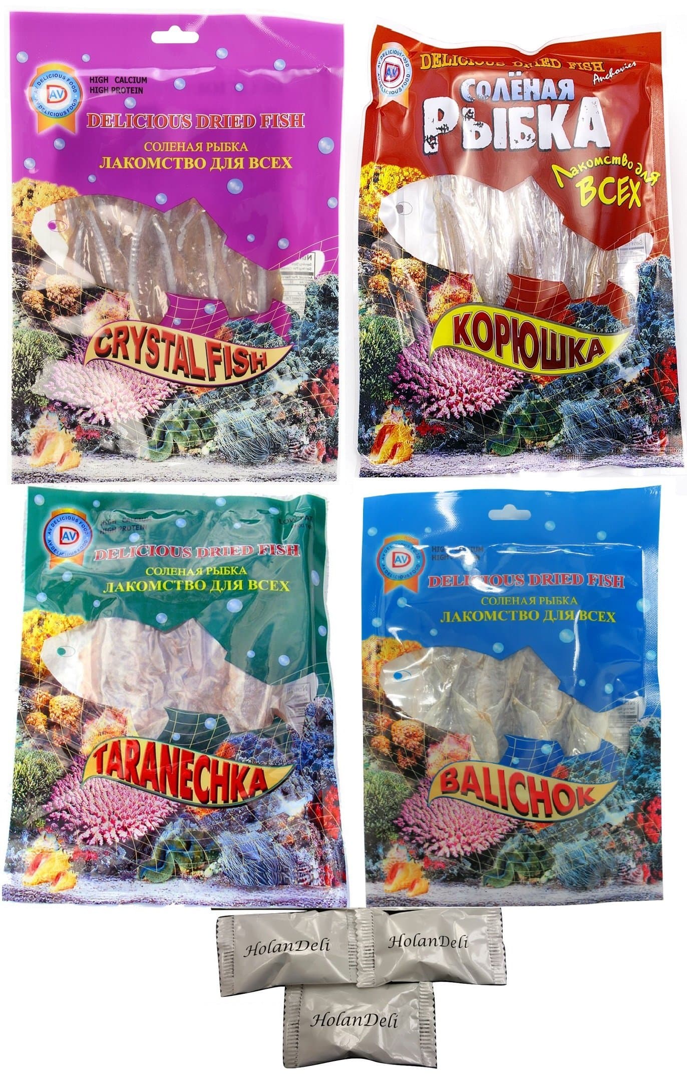 Assorted Dried Fish (Crystal Fish, Korushka, Taranechka, Balichok ). Includes Our Exclusive HolanDeli Chocolate Mints