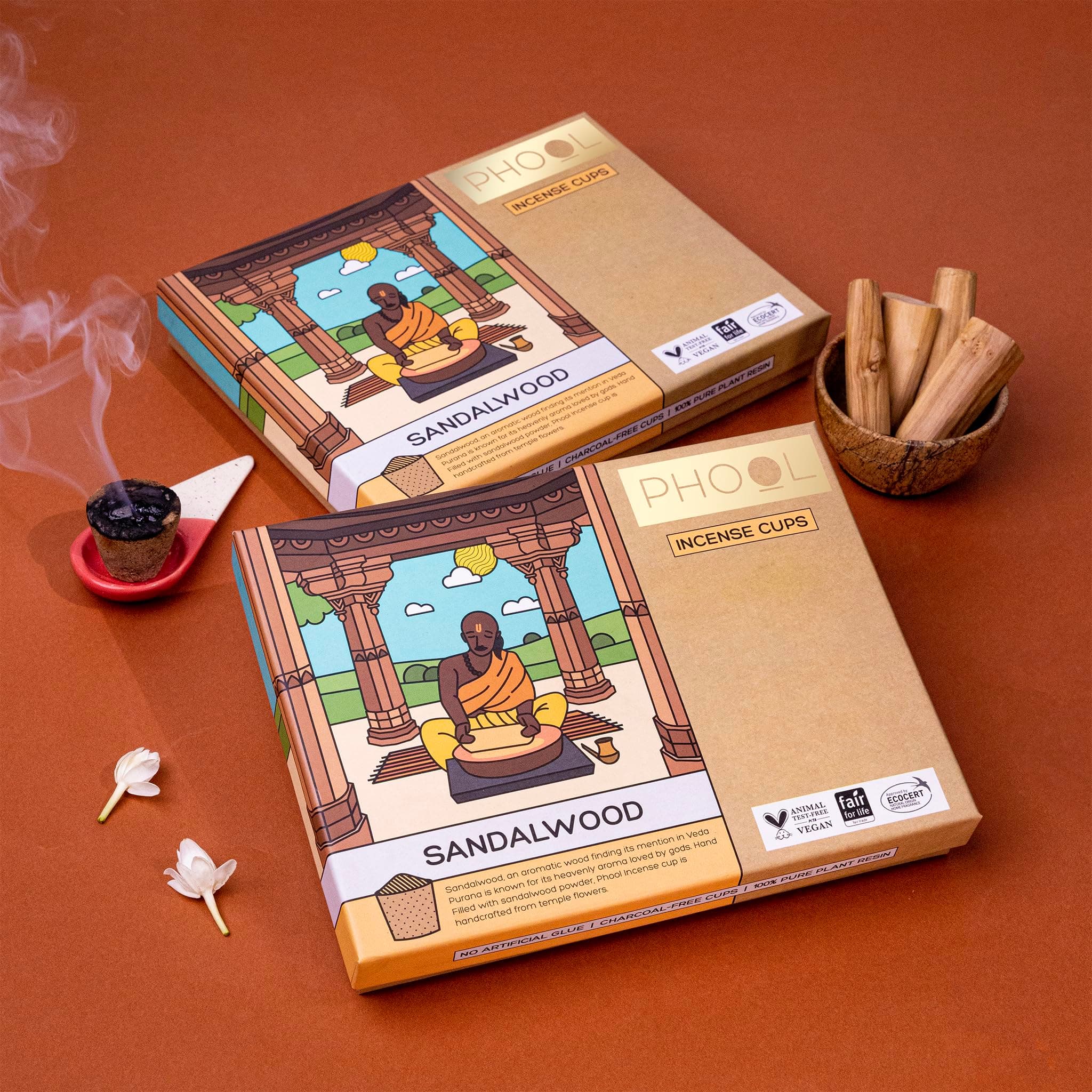 Phool Sandalwood Havan Cup I 16 Havan + 1 Freestanding I Ecocert Certified Natural I Dope for Pooja I 100% Organic Chandan Fragrance