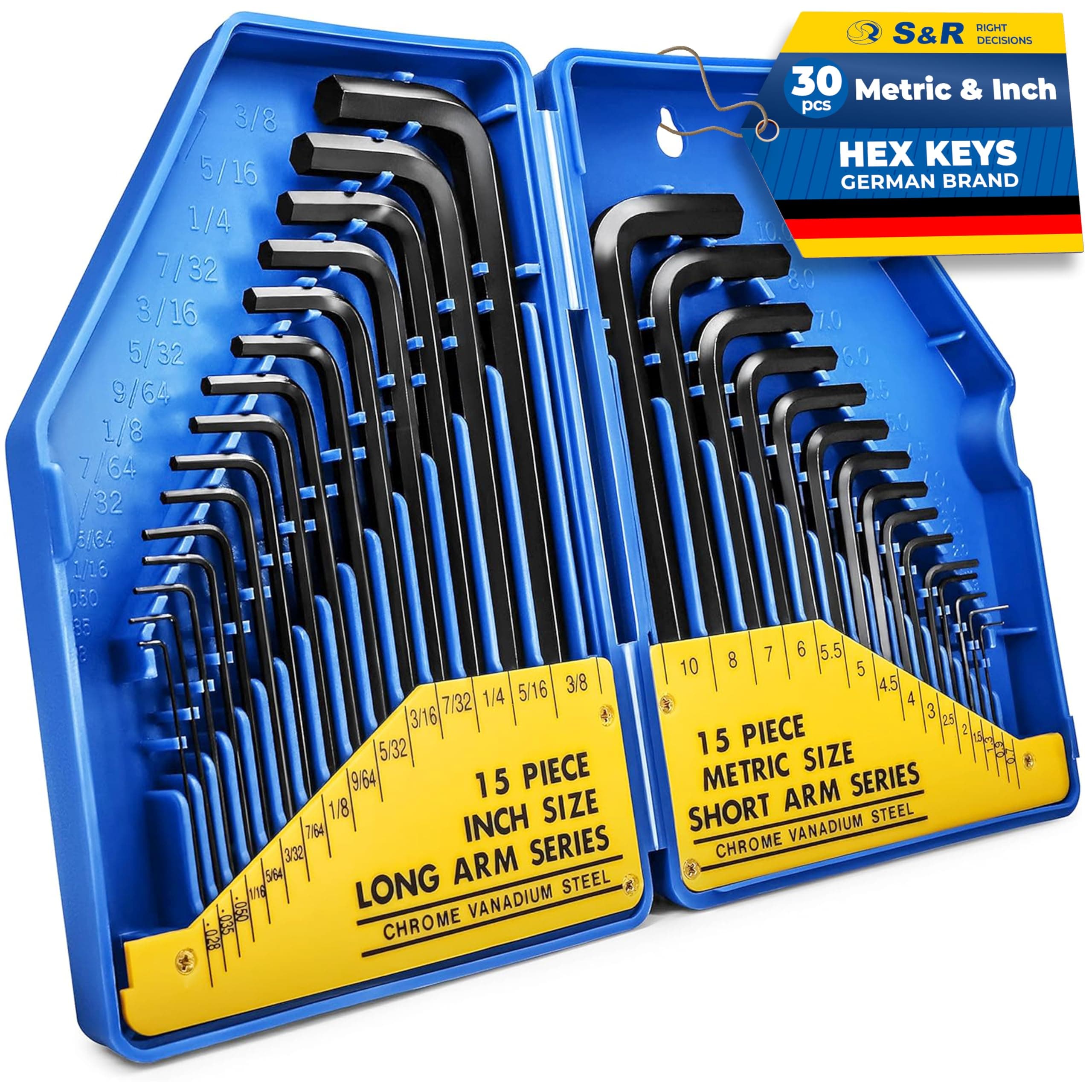 S&R Hexagonal Key Set (30 pcs.) Metric & Imperial - 0.7-10 mm & 0.028 to 3/8 inch, Allen hex Keys in Plastic Box, Short and Long